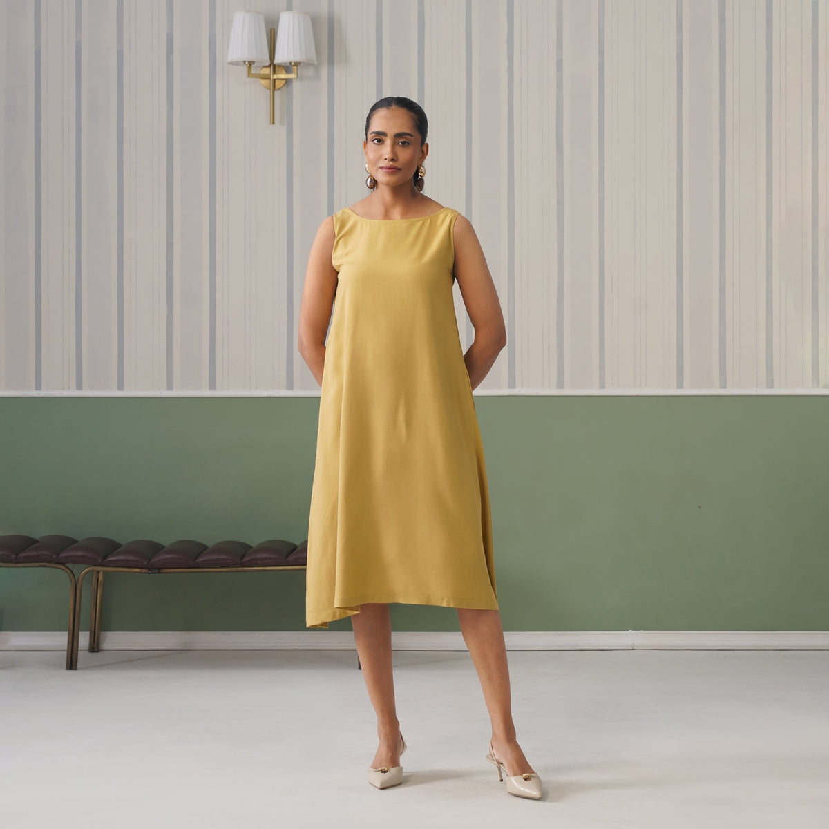 Beige rayon flare dress with pocket [ Premium 100% Rayon, Liva Certified ] -Rayon flare dress with pocket