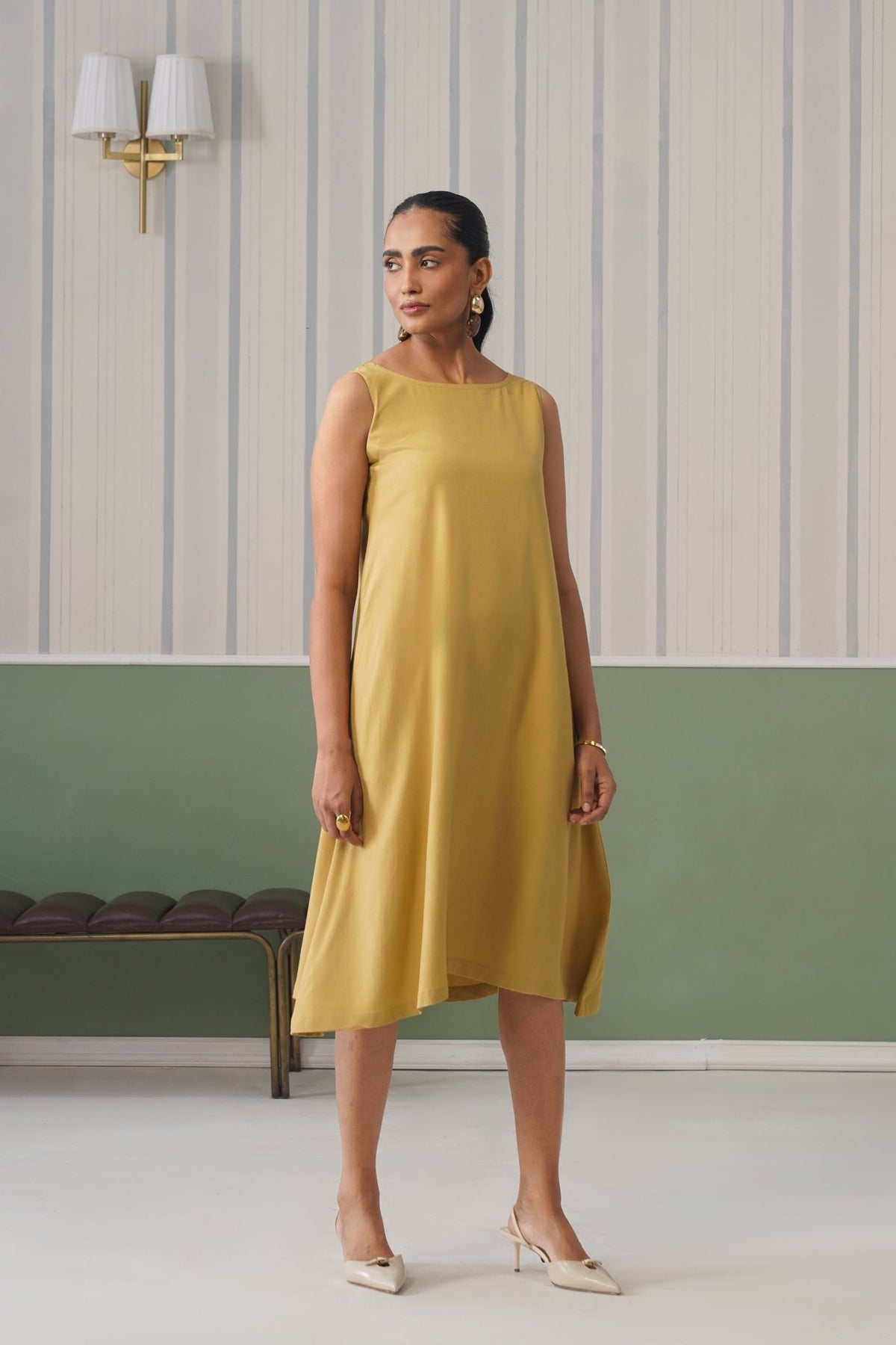 Beige rayon flare dress with pocket [ Premium 100% Rayon, Liva Certified ] -Rayon flare dress with pocket