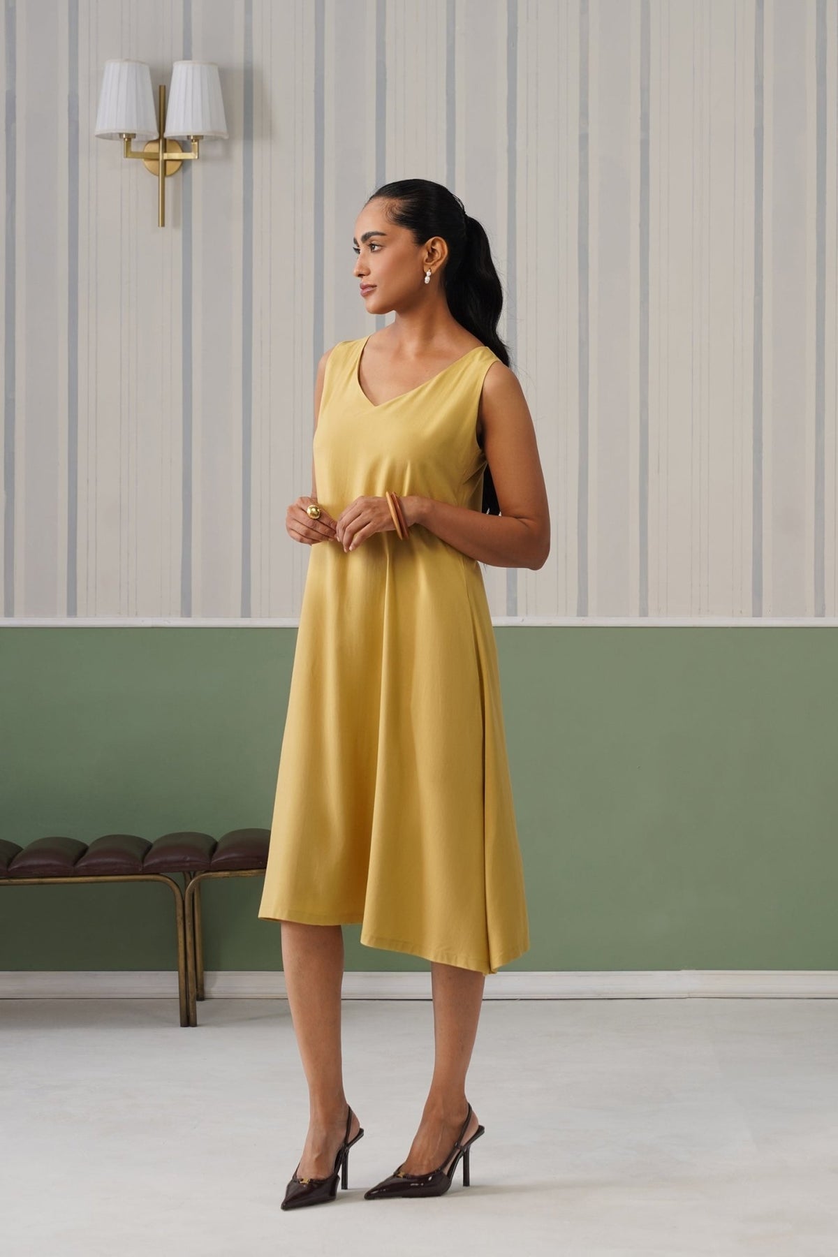 Beige rayon line dress with pocket [ Premium 100% Rayon, Liva Certified ] -Rayon line dress with pocket