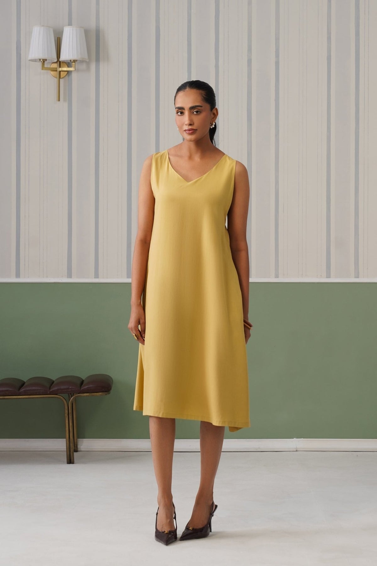 Beige rayon line dress with pocket [ Premium 100% Rayon, Liva Certified ] -Rayon line dress with pocket
