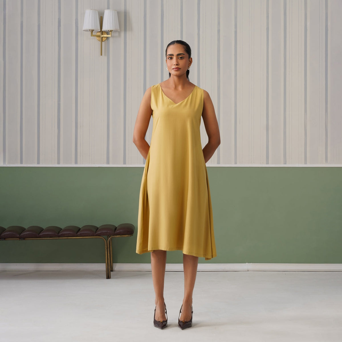 Beige rayon line dress with pocket [ Premium 100% Rayon, Liva Certified ] -Rayon line dress with pocket