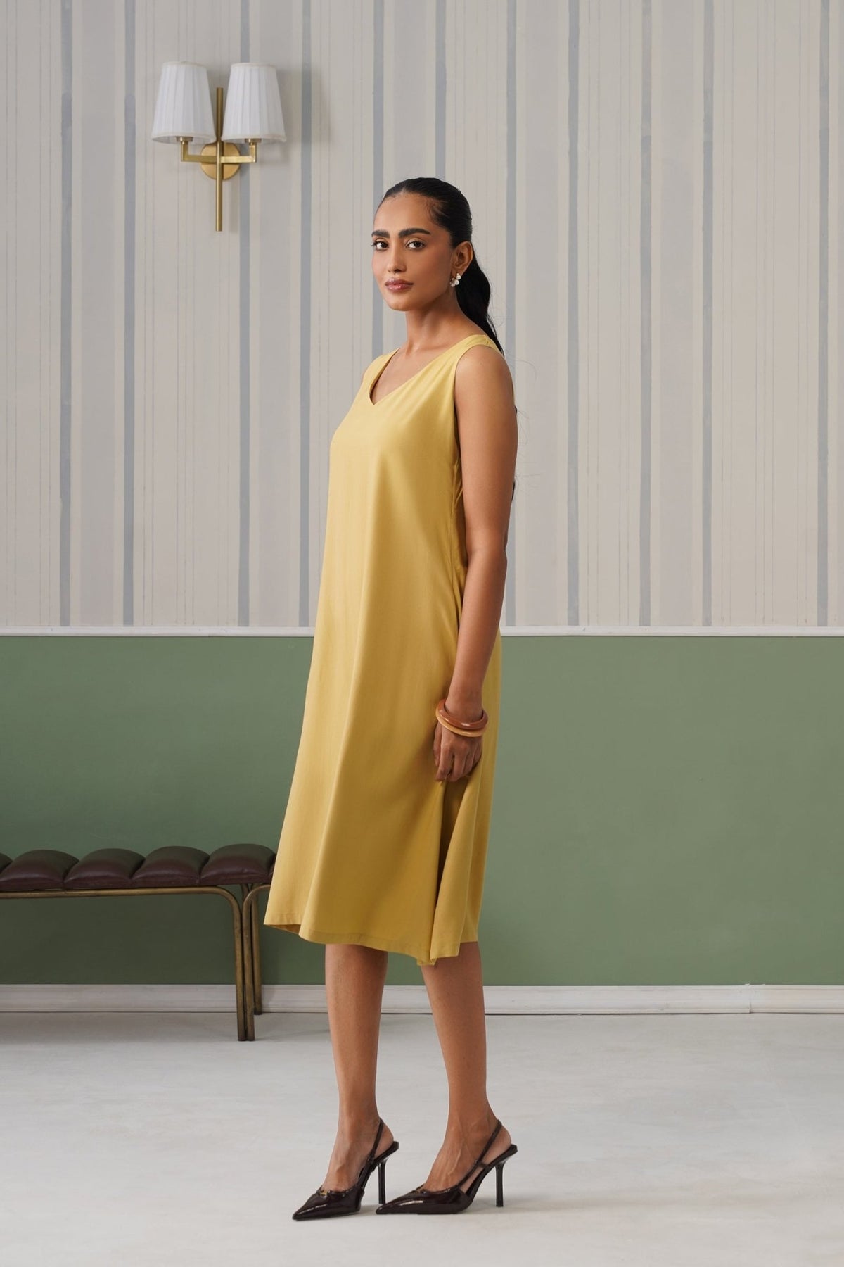 Beige rayon line dress with pocket [ Premium 100% Rayon, Liva Certified ] -Rayon line dress with pocket