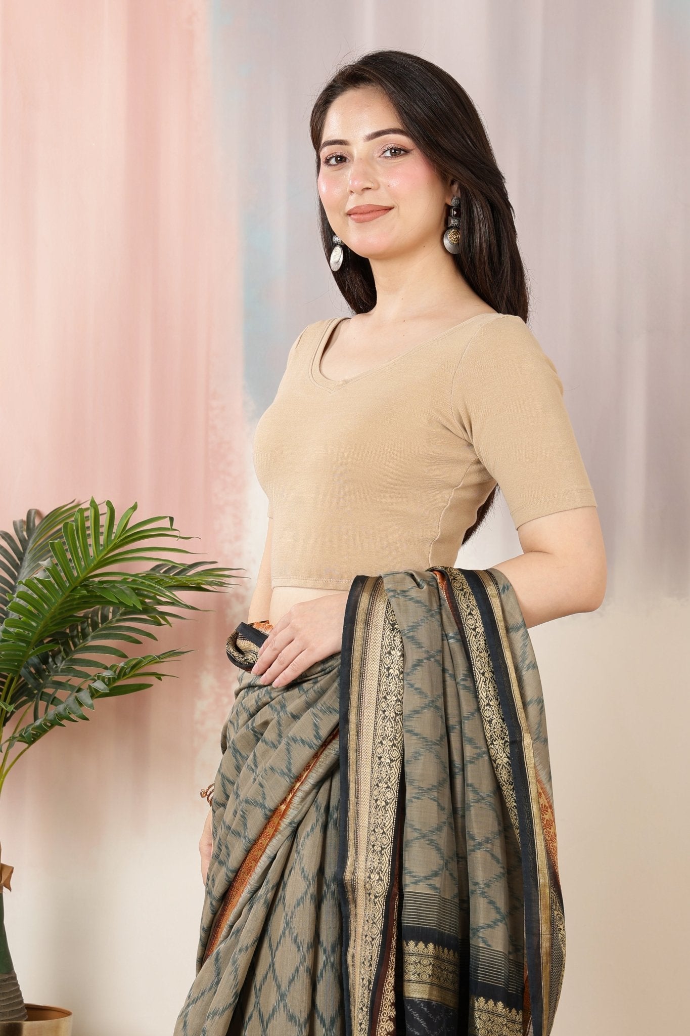 Beige Rib Blouse [ 100% USA HQ Cotton, 280 GSM non transparent fabric ] -Rib blouse