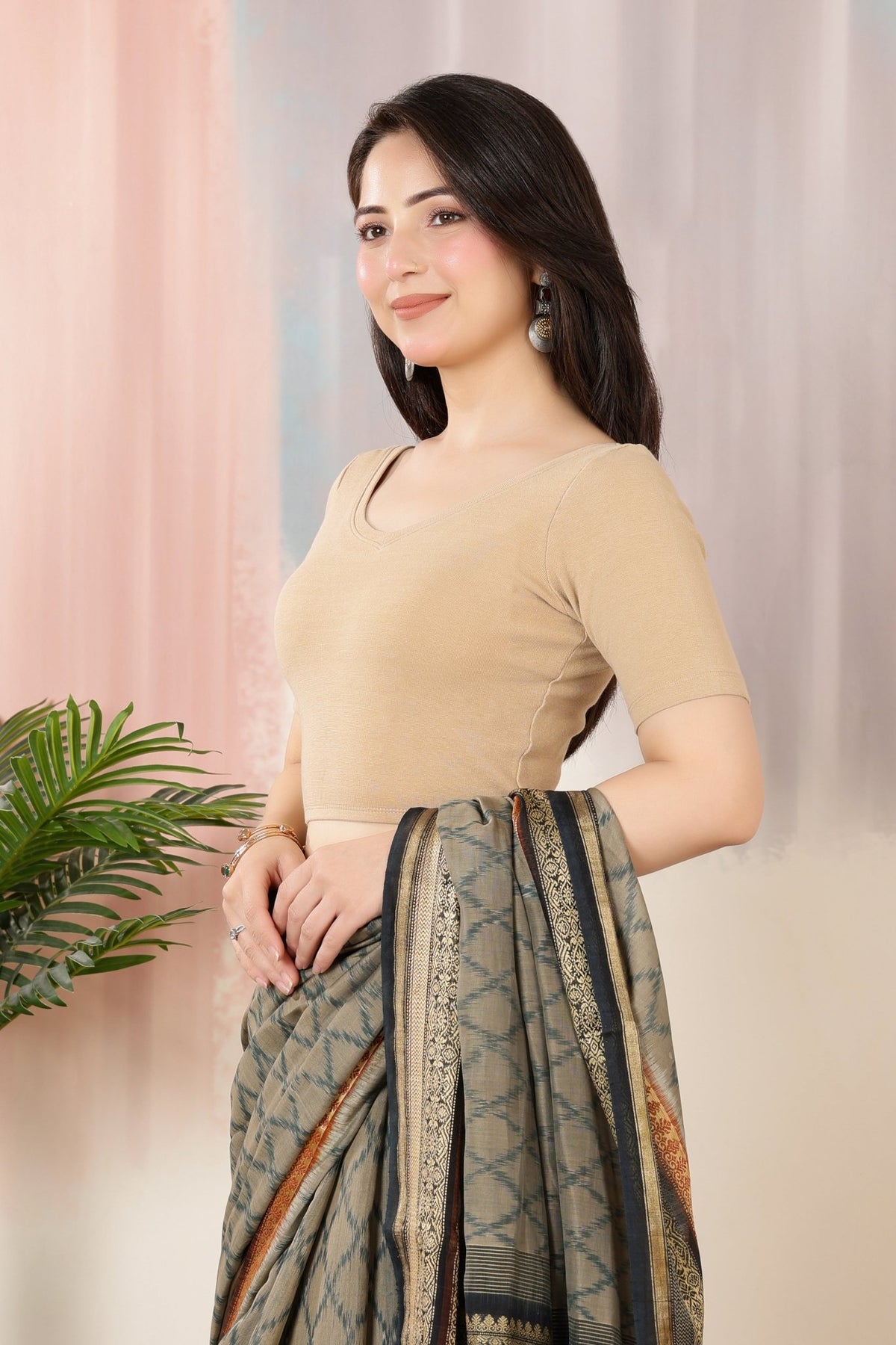 Beige Rib Blouse [ 100% USA HQ Cotton, 280 GSM non transparent fabric ] -Rib blouse
