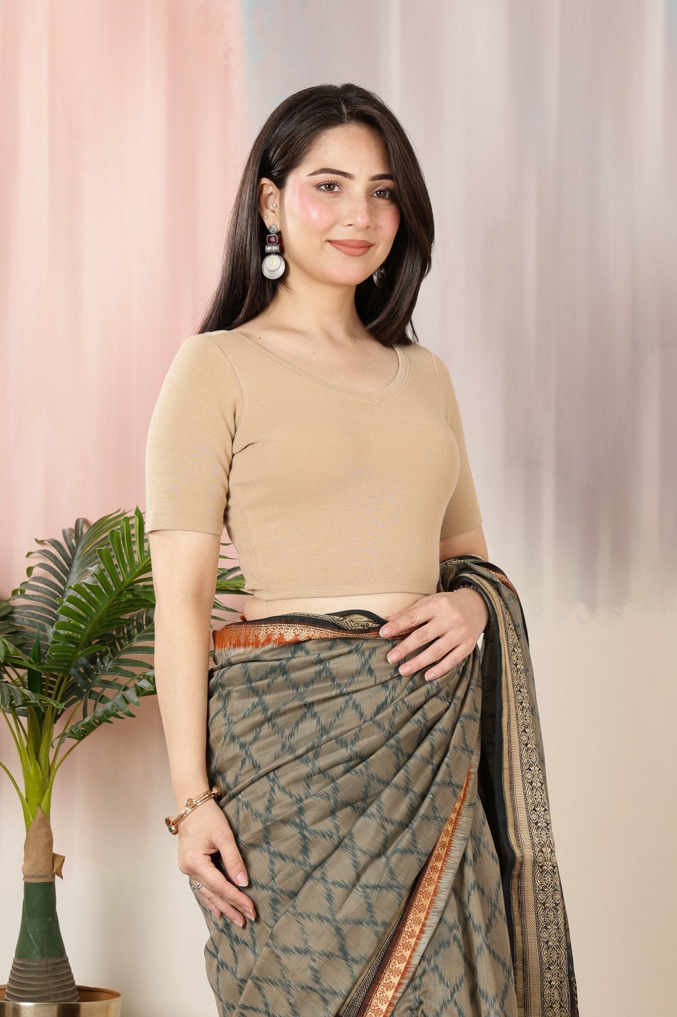 Beige Rib Blouse [ 100% USA HQ Cotton, 280 GSM non transparent fabric ] -Rib blouse