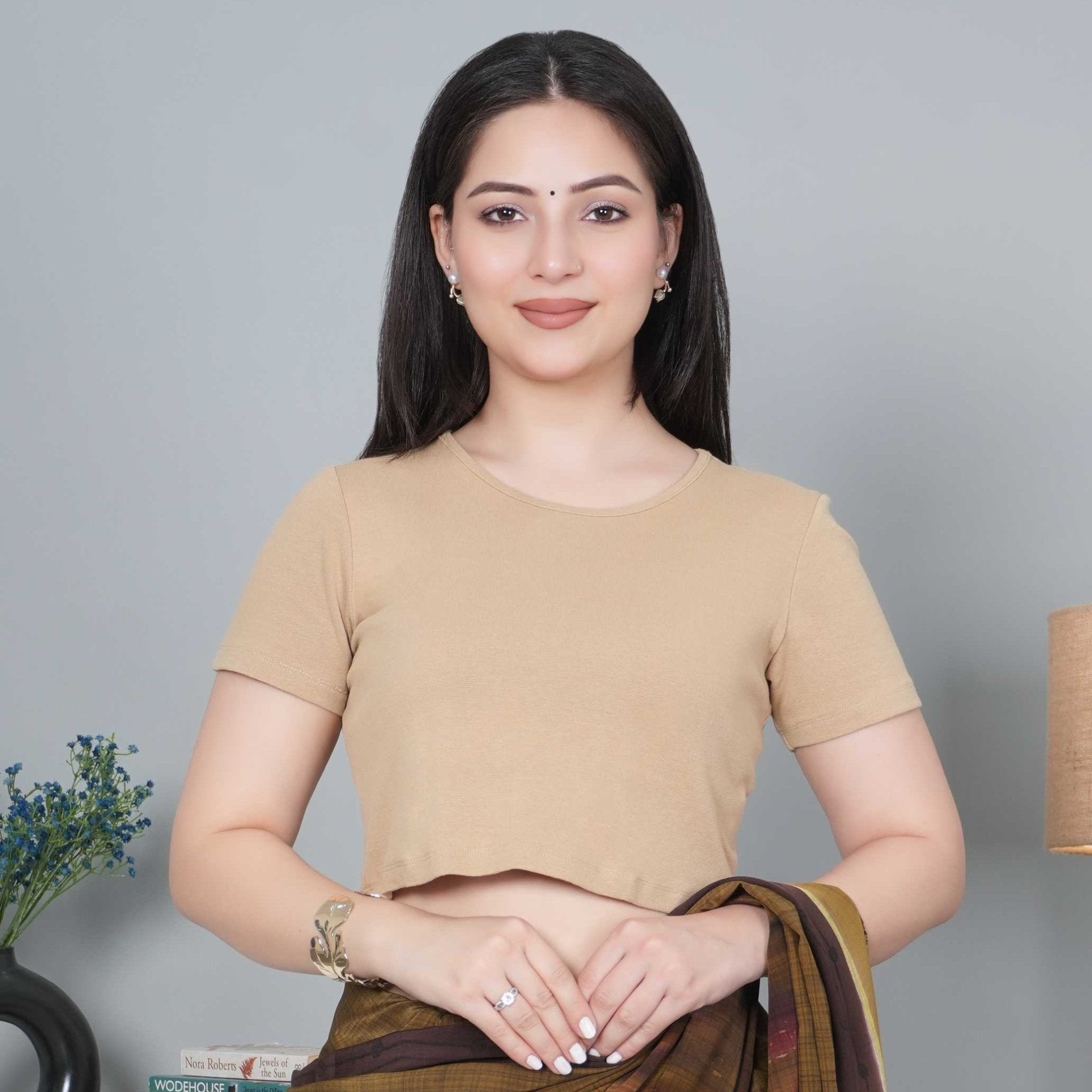 Beige Rib Crop Tshirt Blouse [ 100% USA HQ Cotton, 280 GSM non transparent fabric ] - Rib crop tshirt blouse