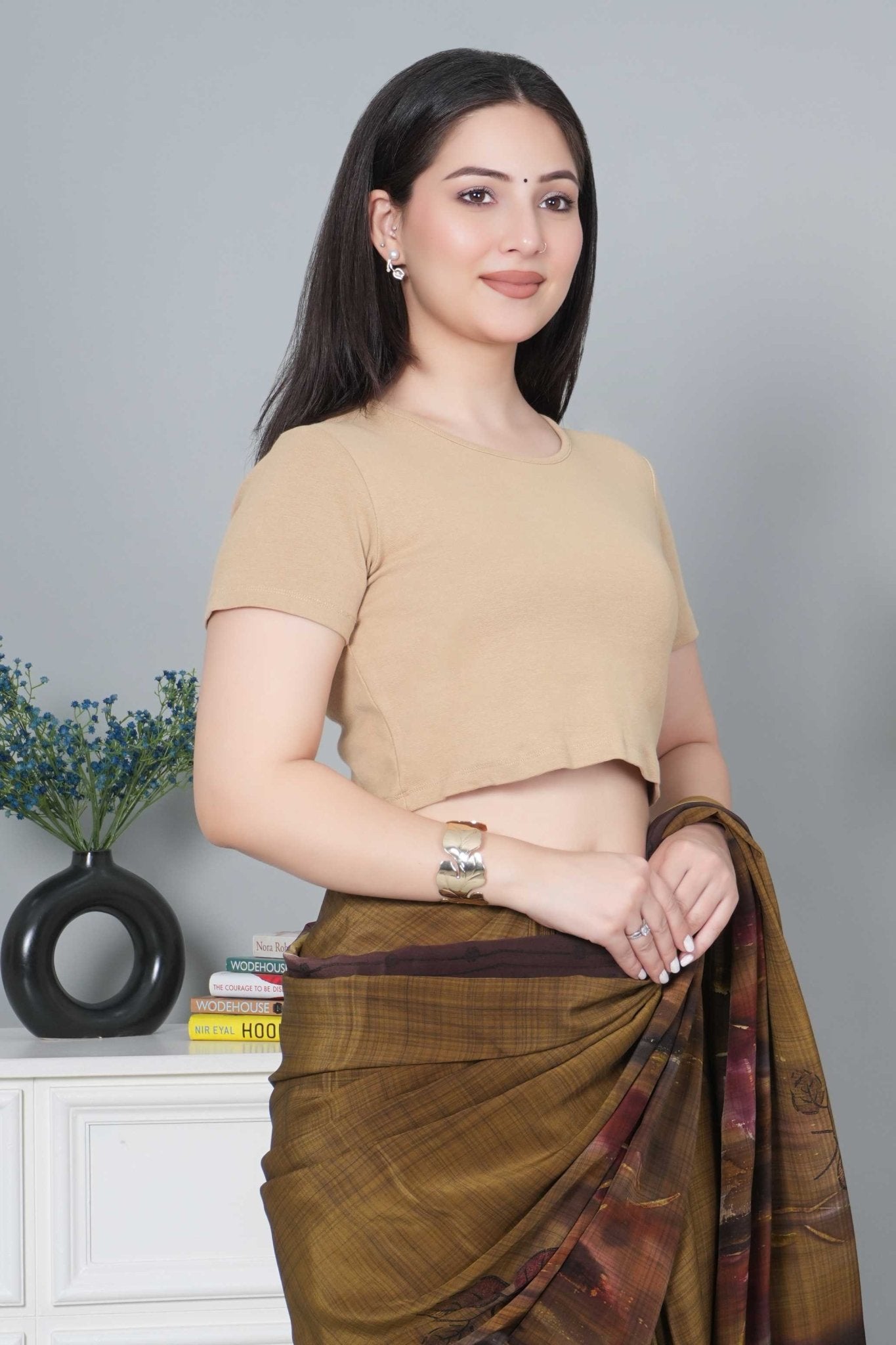 Beige Rib Crop Tshirt Blouse [ 100% USA HQ Cotton, 280 GSM non transparent fabric ] - Rib crop tshirt blouse