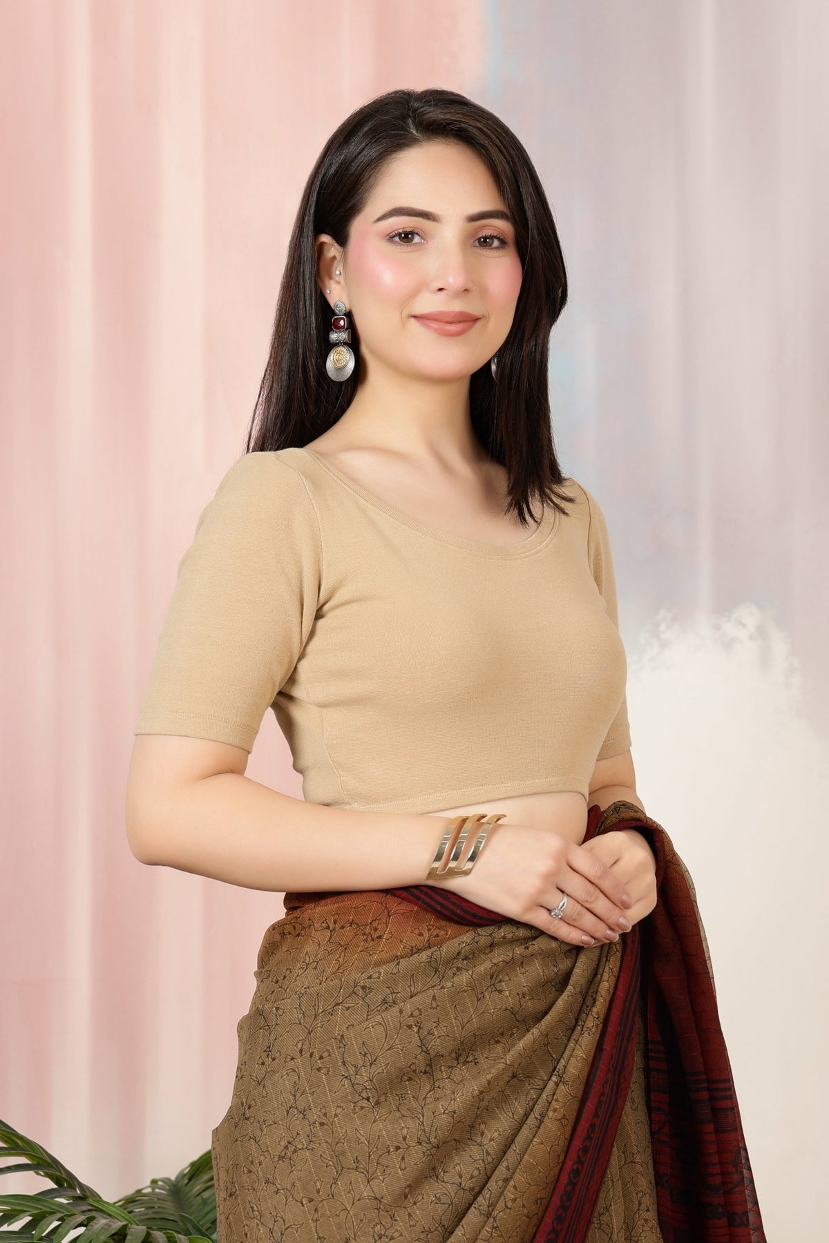Beige Rib Roundneck Half Sleeve Blouse [ 100% USA HQ Cotton, 280 GSM non transparent fabric ] -Rib blouse