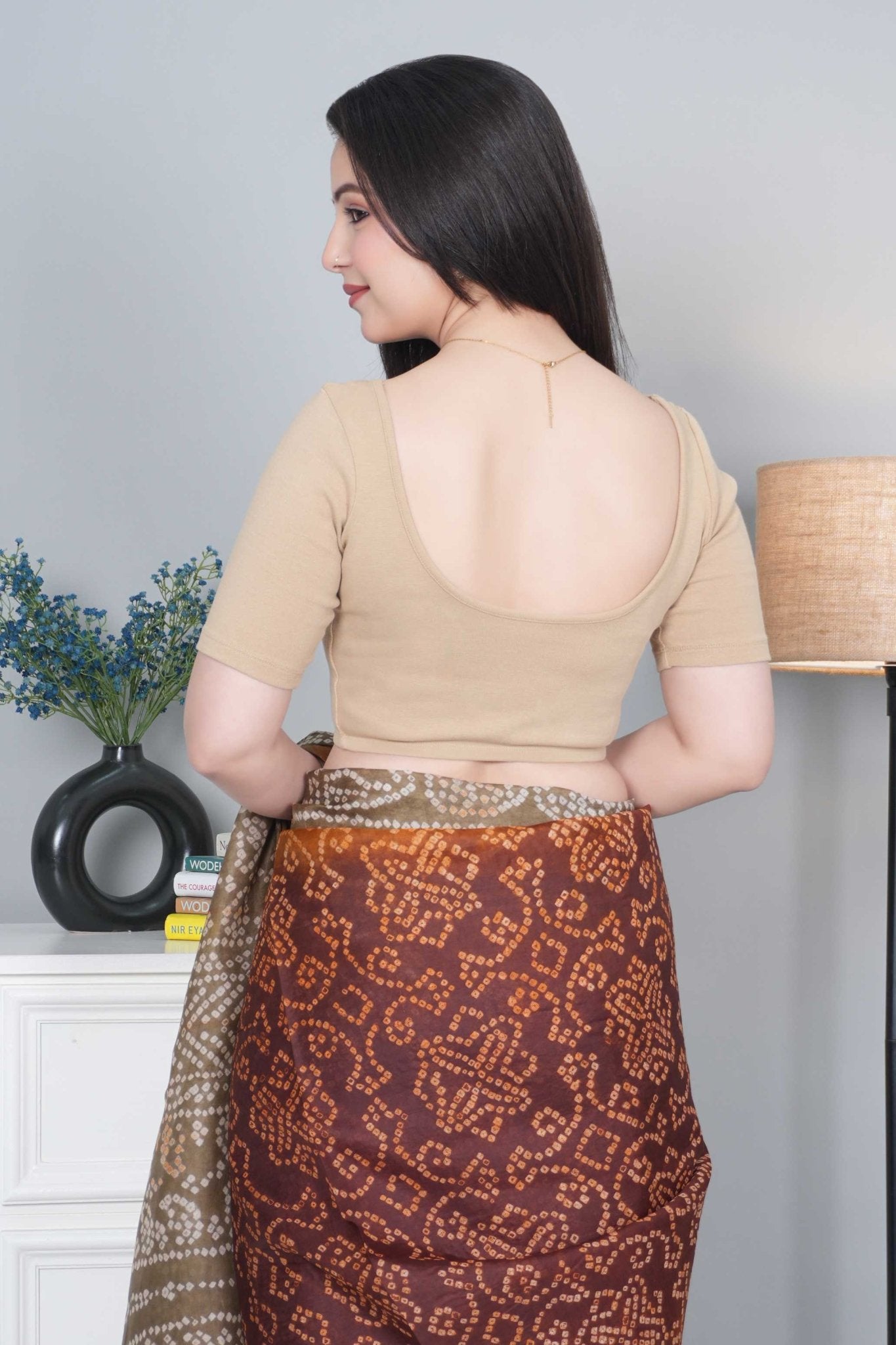 Beige Rib Roundneck Half Sleeve Blouse [ 100% USA HQ Cotton, 280 GSM non transparent fabric ] - Rib blouse