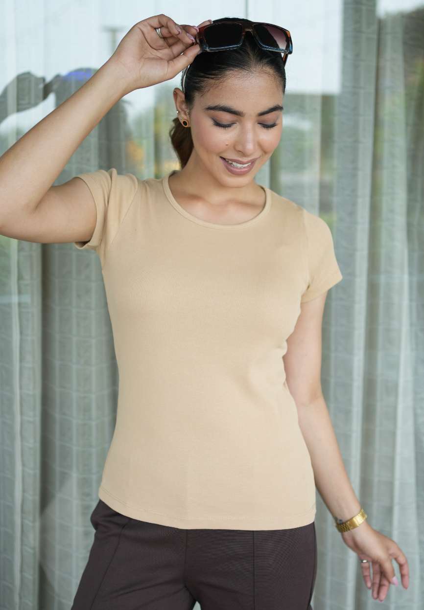 Beige Rib T Shirt [ 100% Cotton, 280 GSM non transparent fabric ] - Rib t shirt