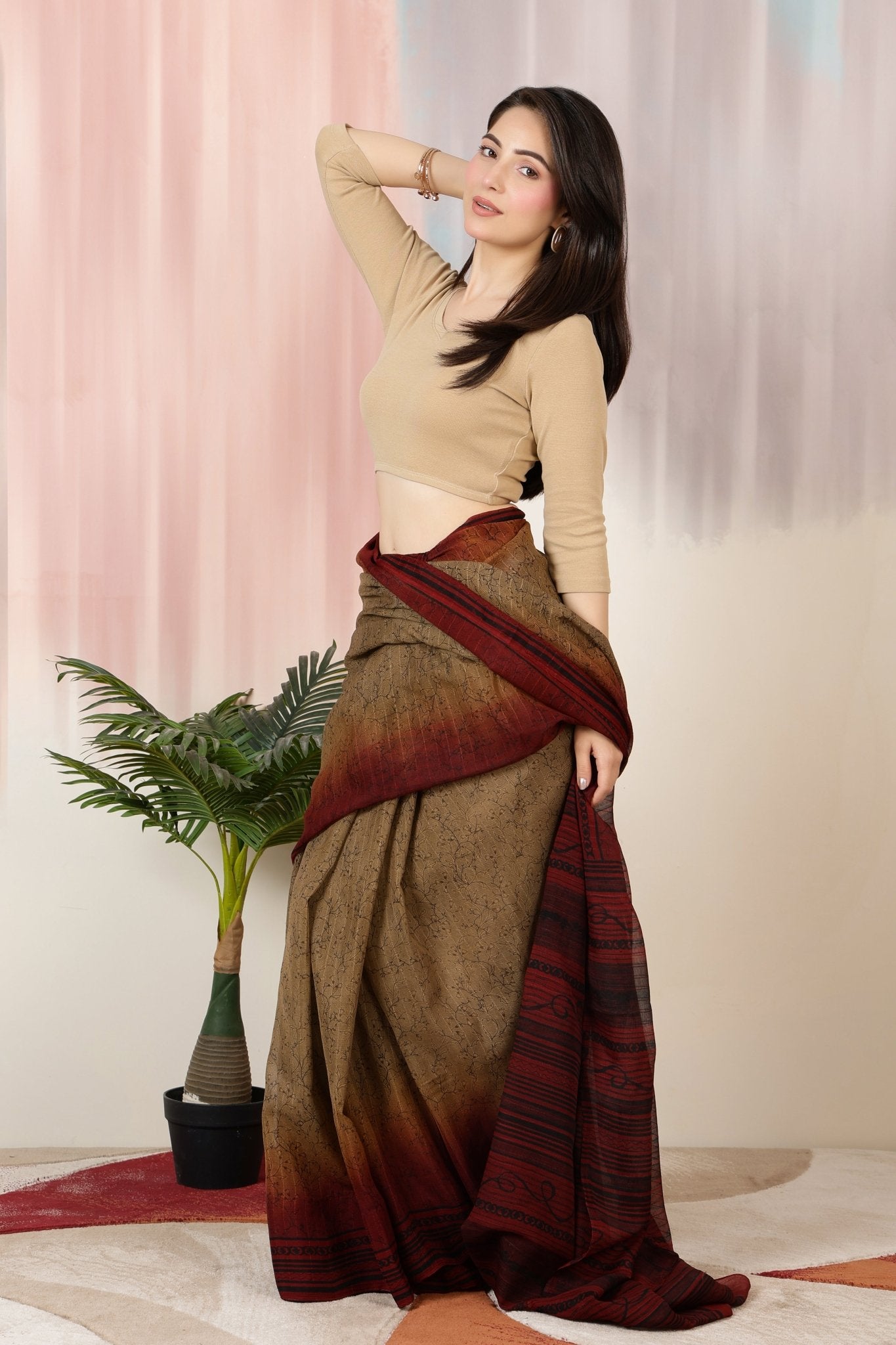 Beige Rib V Neck 3/4 Sleeve Blouse [ 100% USA HQ Cotton, 280 GSM non transparent fabric ] -Rib blouse