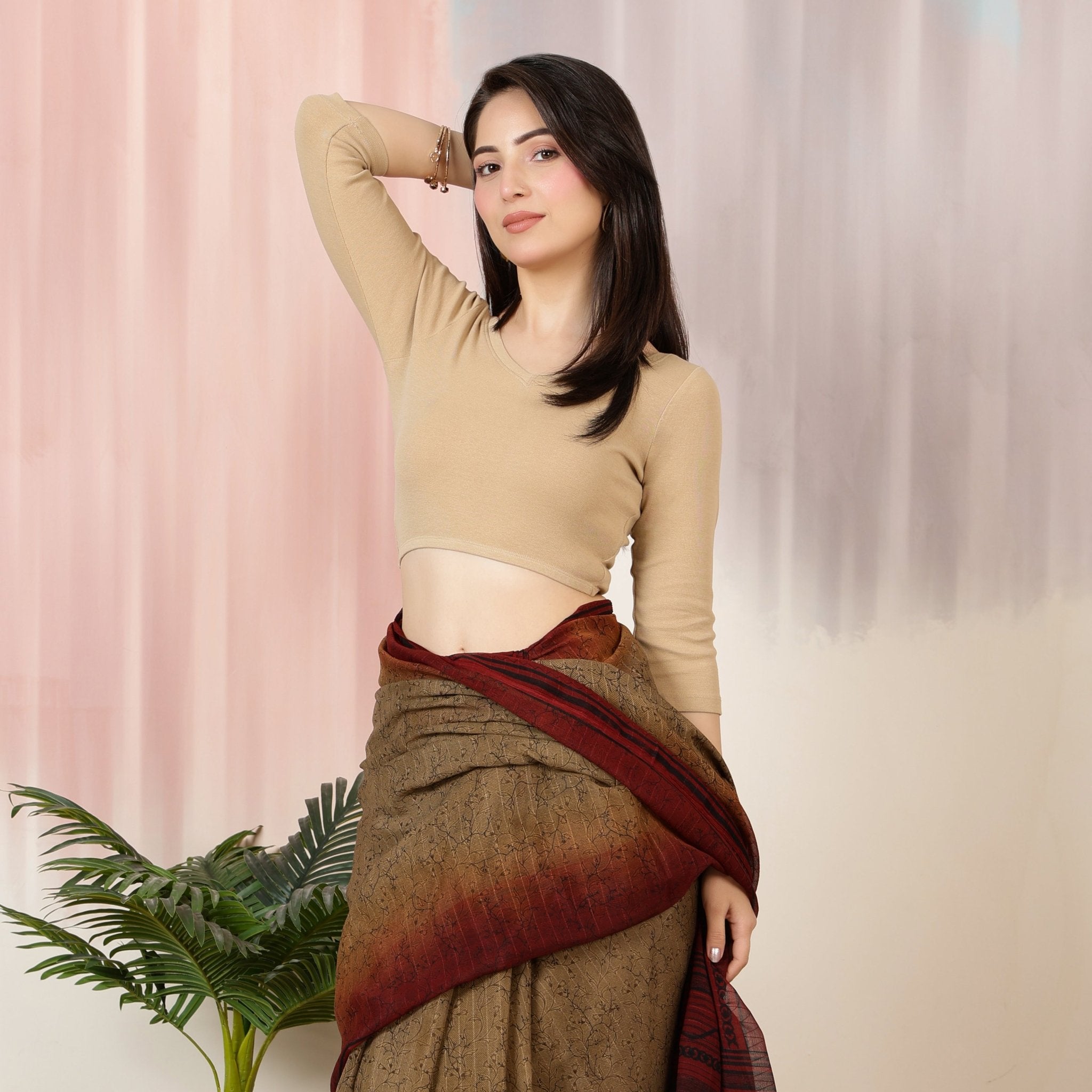 Beige Rib V Neck 3/4 Sleeve Blouse [ 100% USA HQ Cotton, 280 GSM non transparent fabric ] -Rib blouse