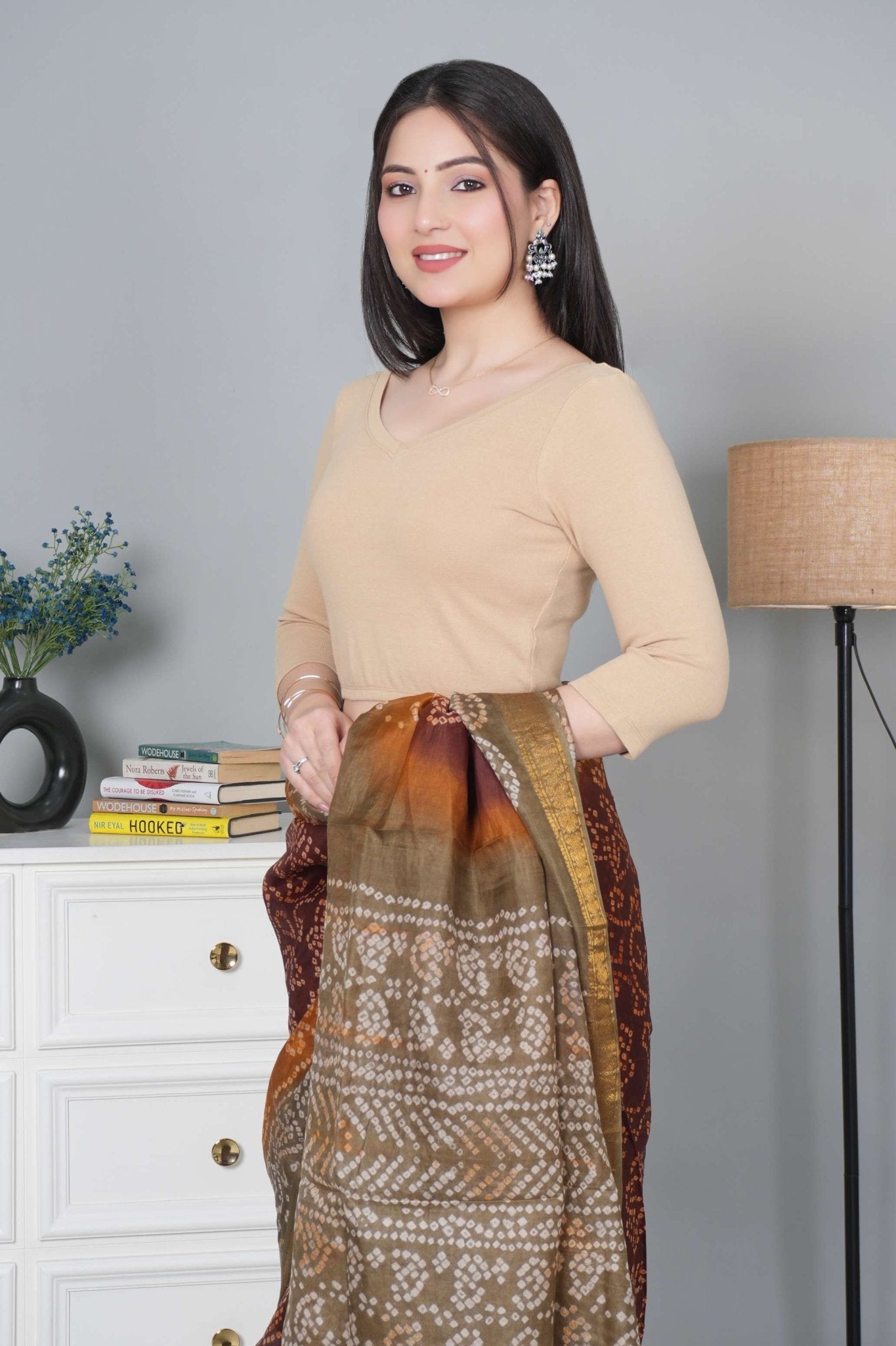Beige Rib V Neck 3/4 Sleeve Blouse [ 100% USA HQ Cotton, 280 GSM non transparent fabric ] - Rib blouse