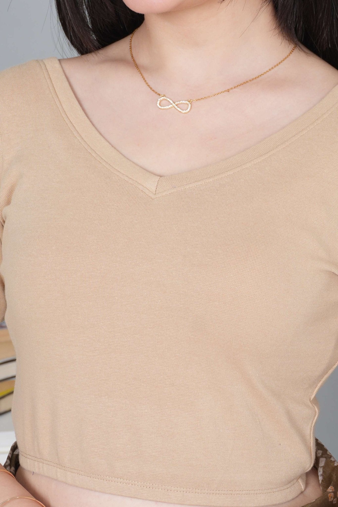 Beige Rib V Neck 3/4 Sleeve Blouse [ 100% USA HQ Cotton, 280 GSM non transparent fabric ] - Rib blouse