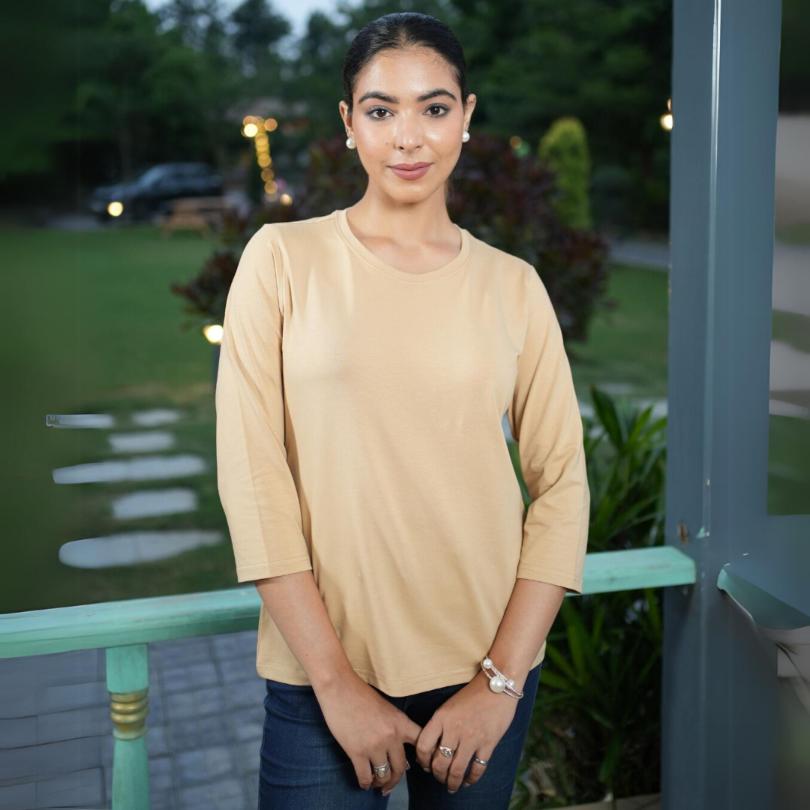 Beige Round Neck Cotton full Sleeve T Shirt - Cotton t shirt