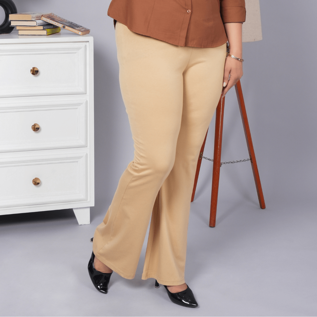 Beige stretchable biowash cotton flare pants with superior elastic belt. - Cotton flare