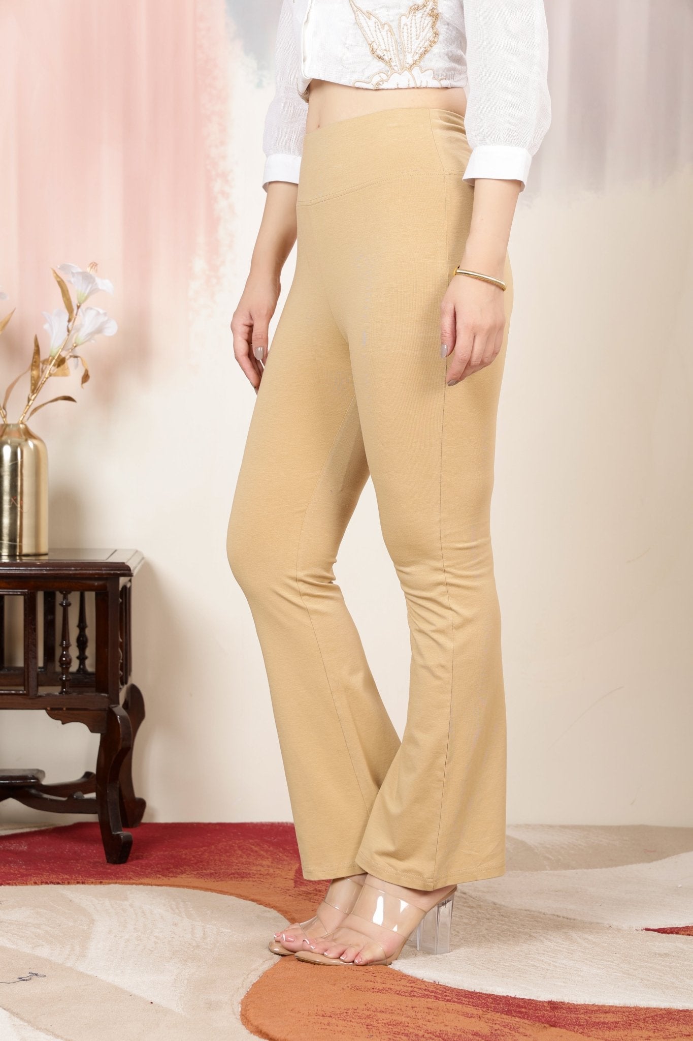 Beige stretchable biowash premium cotton lycra flare legging with superior elastic belt. -Cotton flare