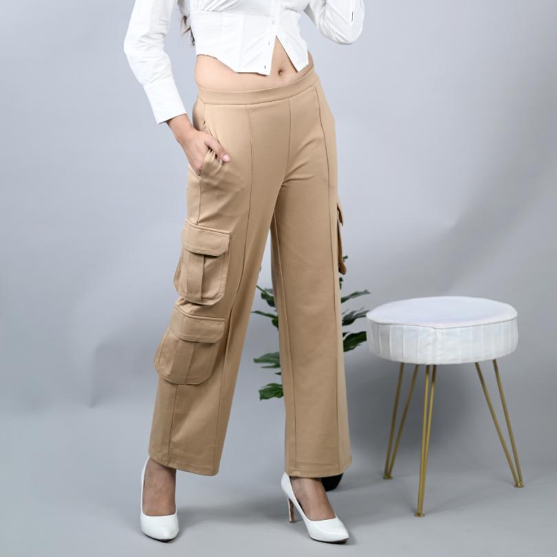 Beige stretchable biowash USA HQ cotton cargo pant with superior elastic belt. - Milano Cargo Pants