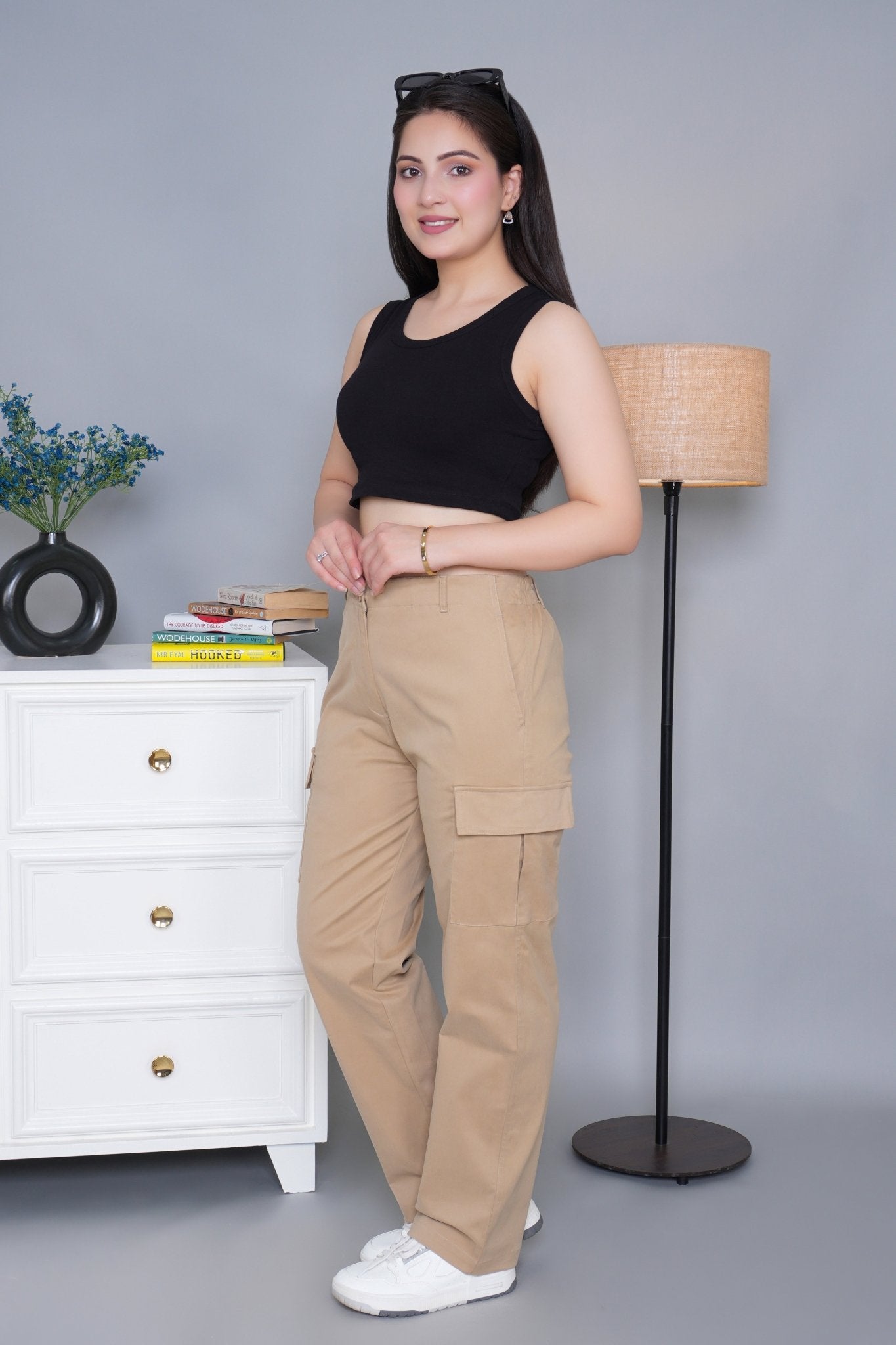 Beige stretchable biowash USA HQ cotton travel cargo pant with superior elastic belt. - Travel Cargo Pants