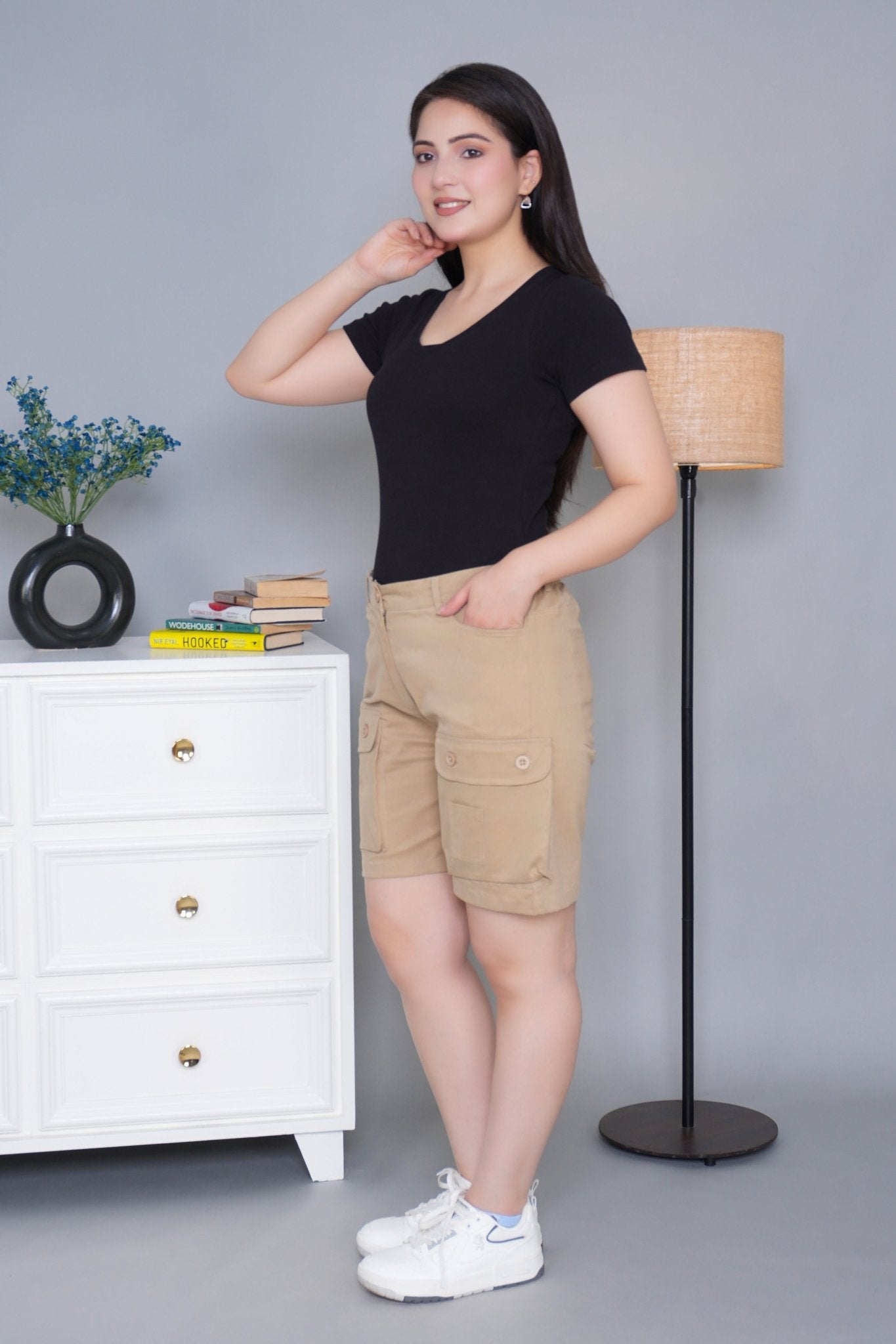 Beige stretchable biowash USA HQ cotton travel shorts with superior elastic belt. - Travel shorts