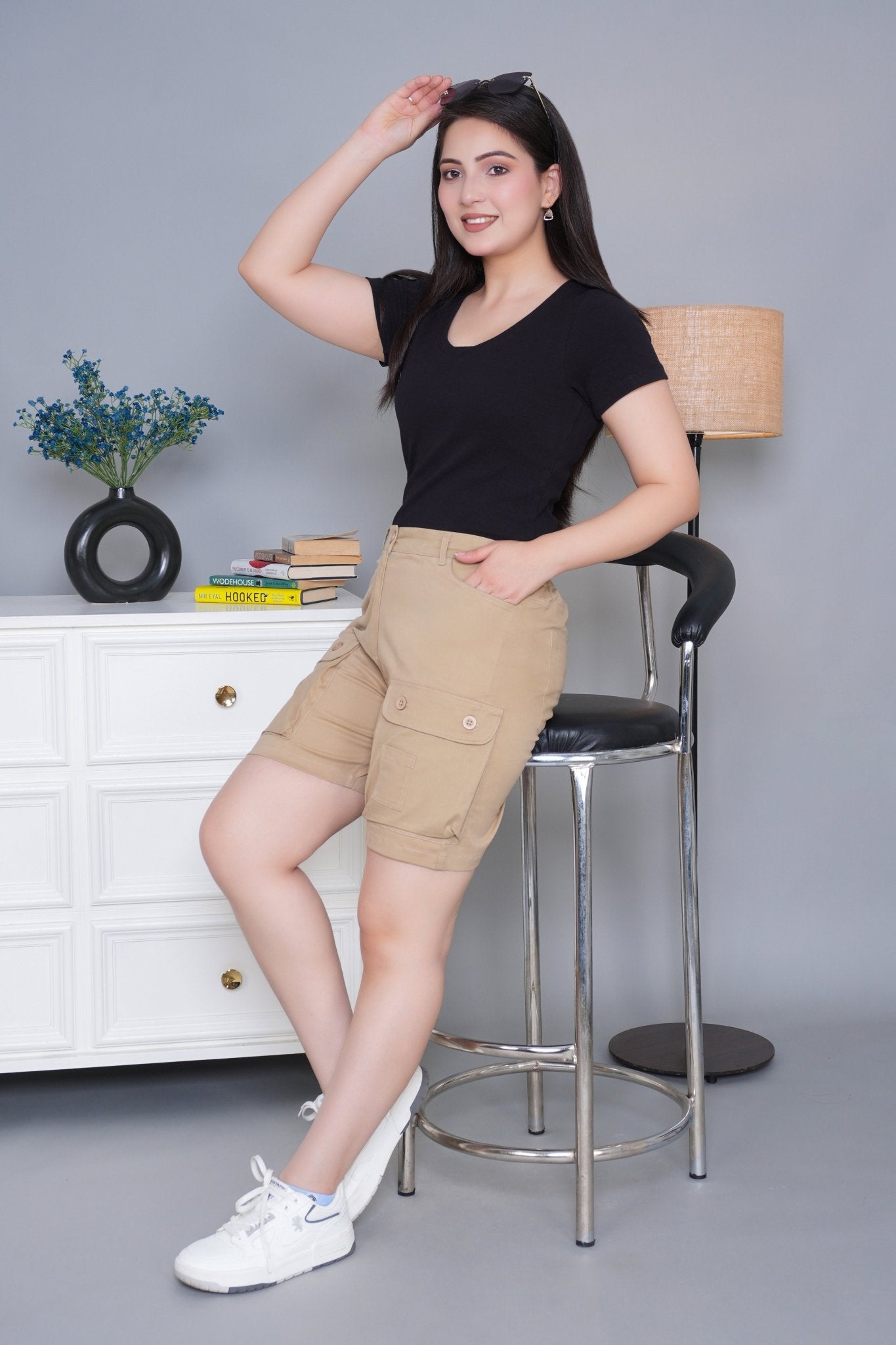 Beige stretchable biowash USA HQ cotton travel shorts with superior elastic belt. - Travel shorts