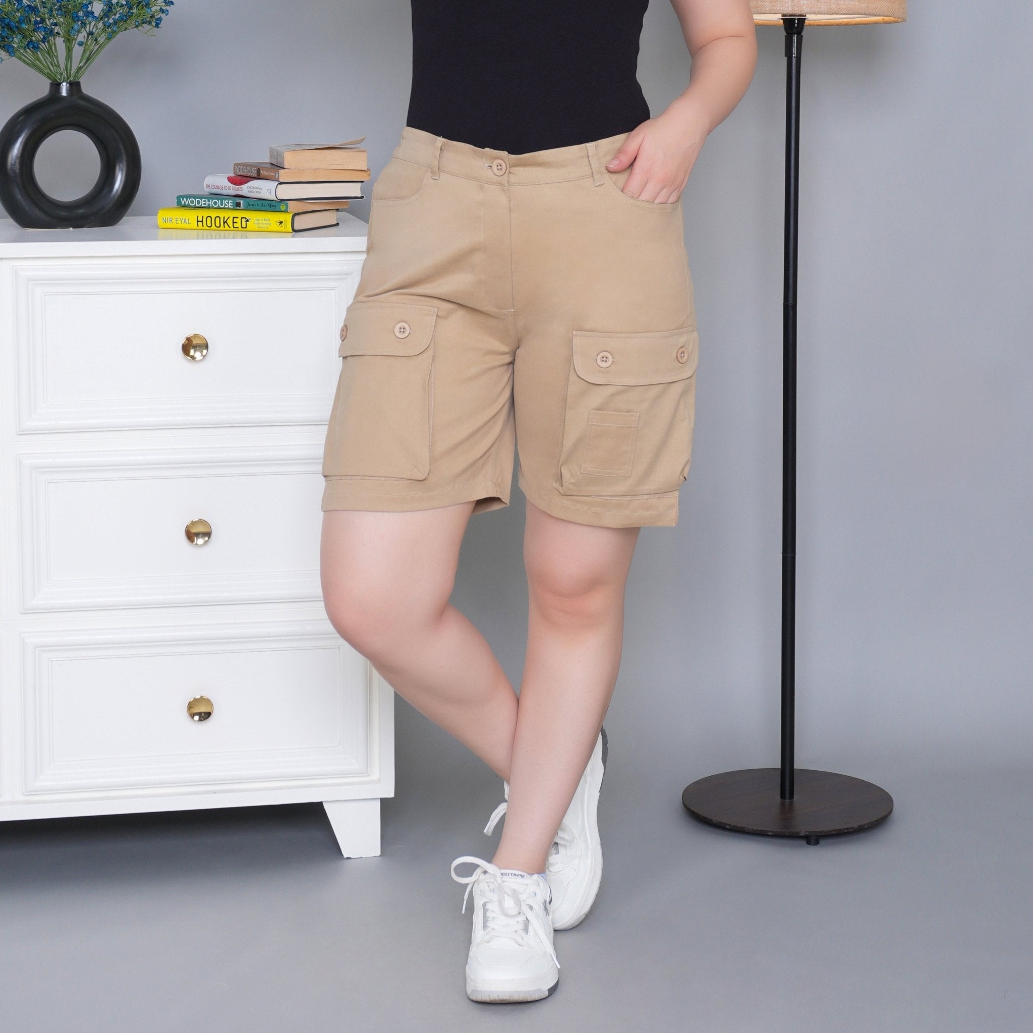 Beige stretchable biowash USA HQ cotton travel shorts with superior elastic belt. - Travel shorts
