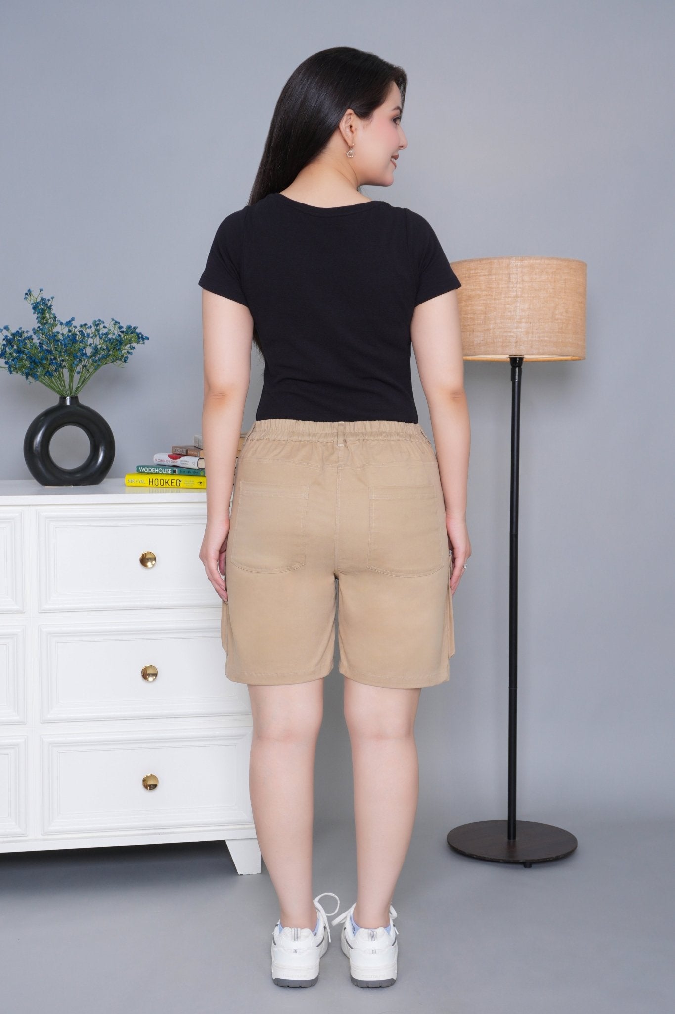 Beige stretchable biowash USA HQ cotton travel shorts with superior elastic belt. - Travel shorts