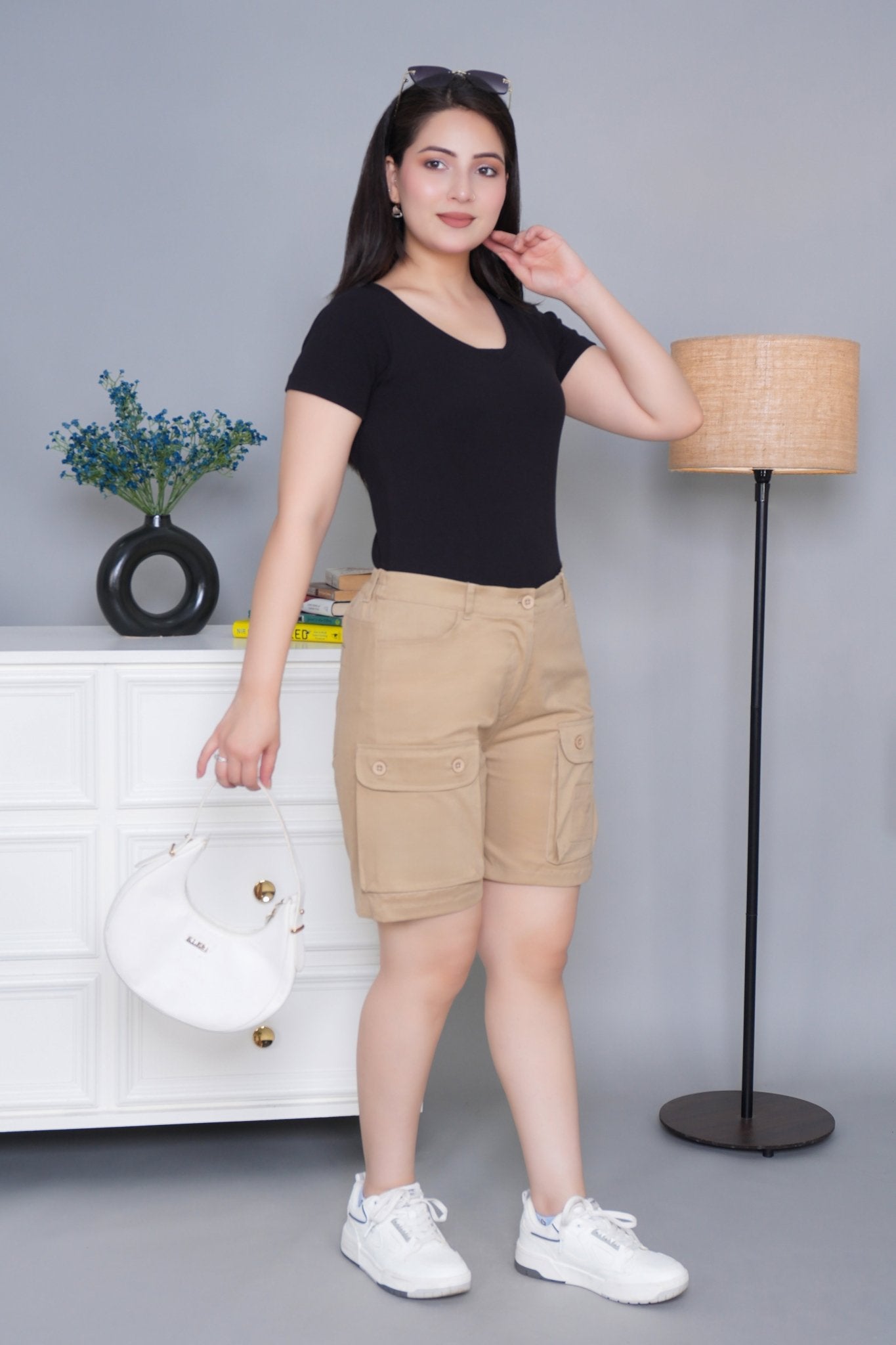 Beige stretchable biowash USA HQ cotton travel shorts with superior elastic belt. - Travel shorts