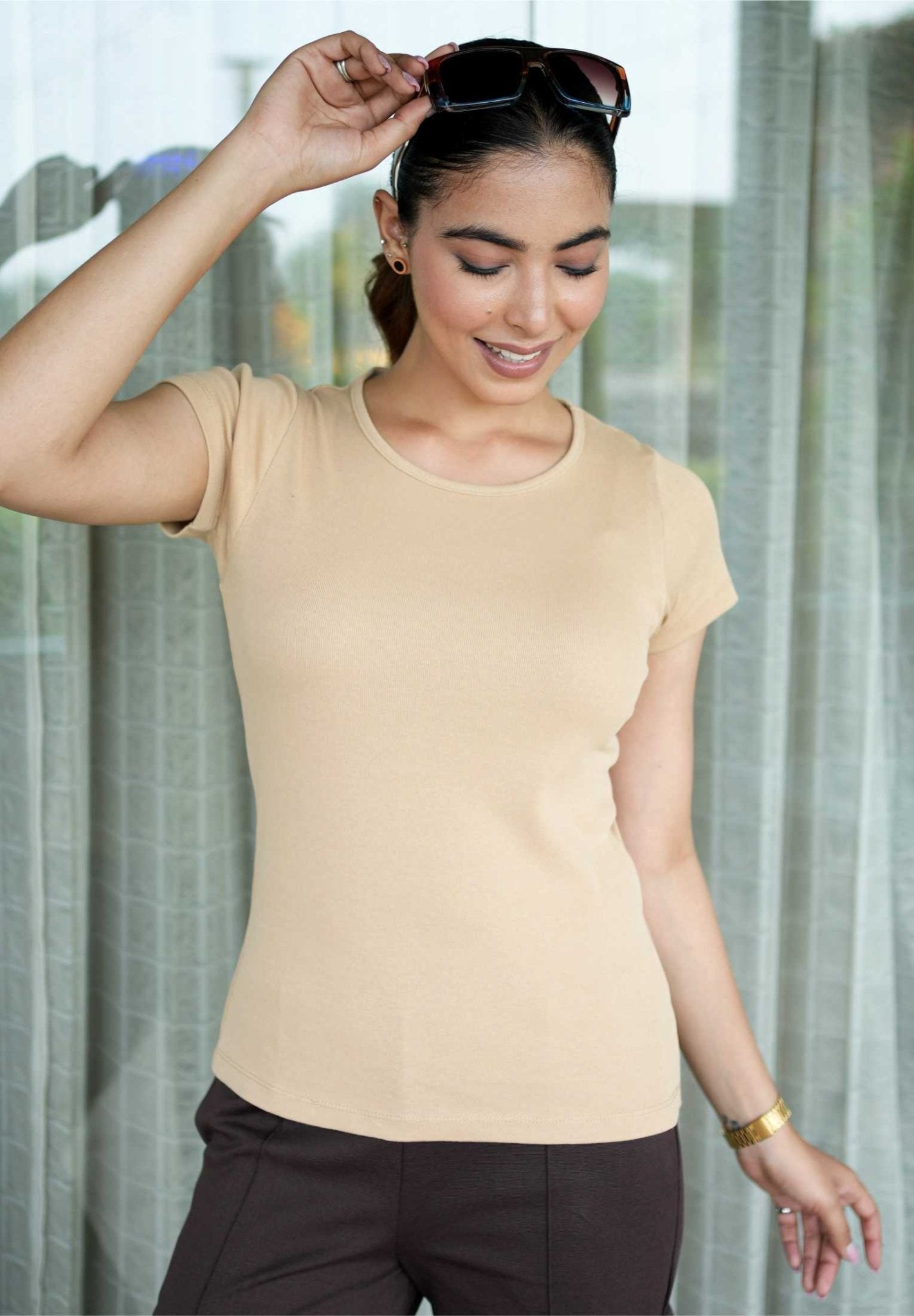 Beige Stretchable Rib T Shirt [ 100% USA HQ Cotton, 280 GSM non transparent fabric ] - Rib t shirt
