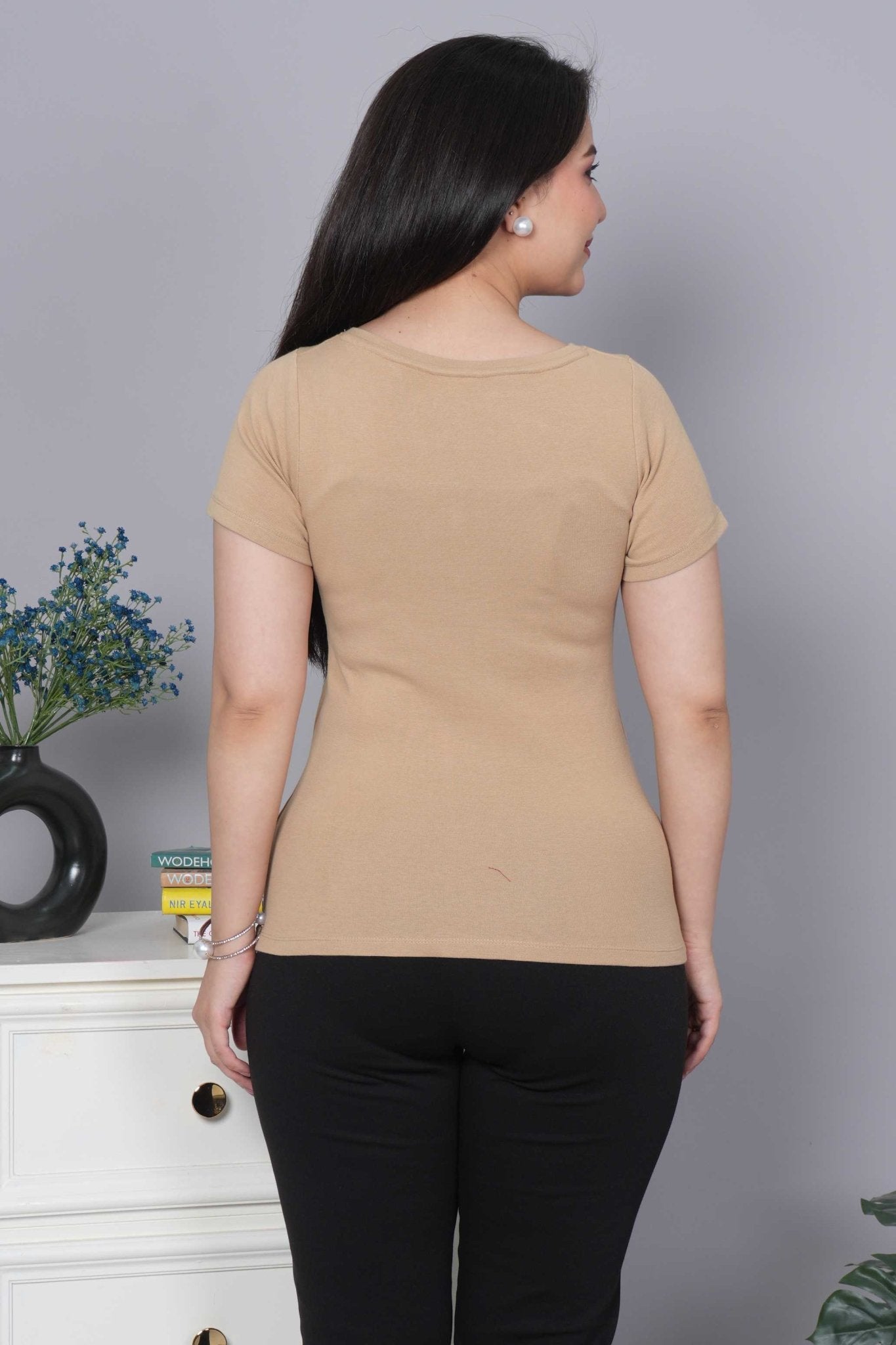 Beige Stretchable V Neck Rib T Shirt [ 100% USA HQ Cotton, 280 GSM non transparent fabric ] - Rib v neck t shirt