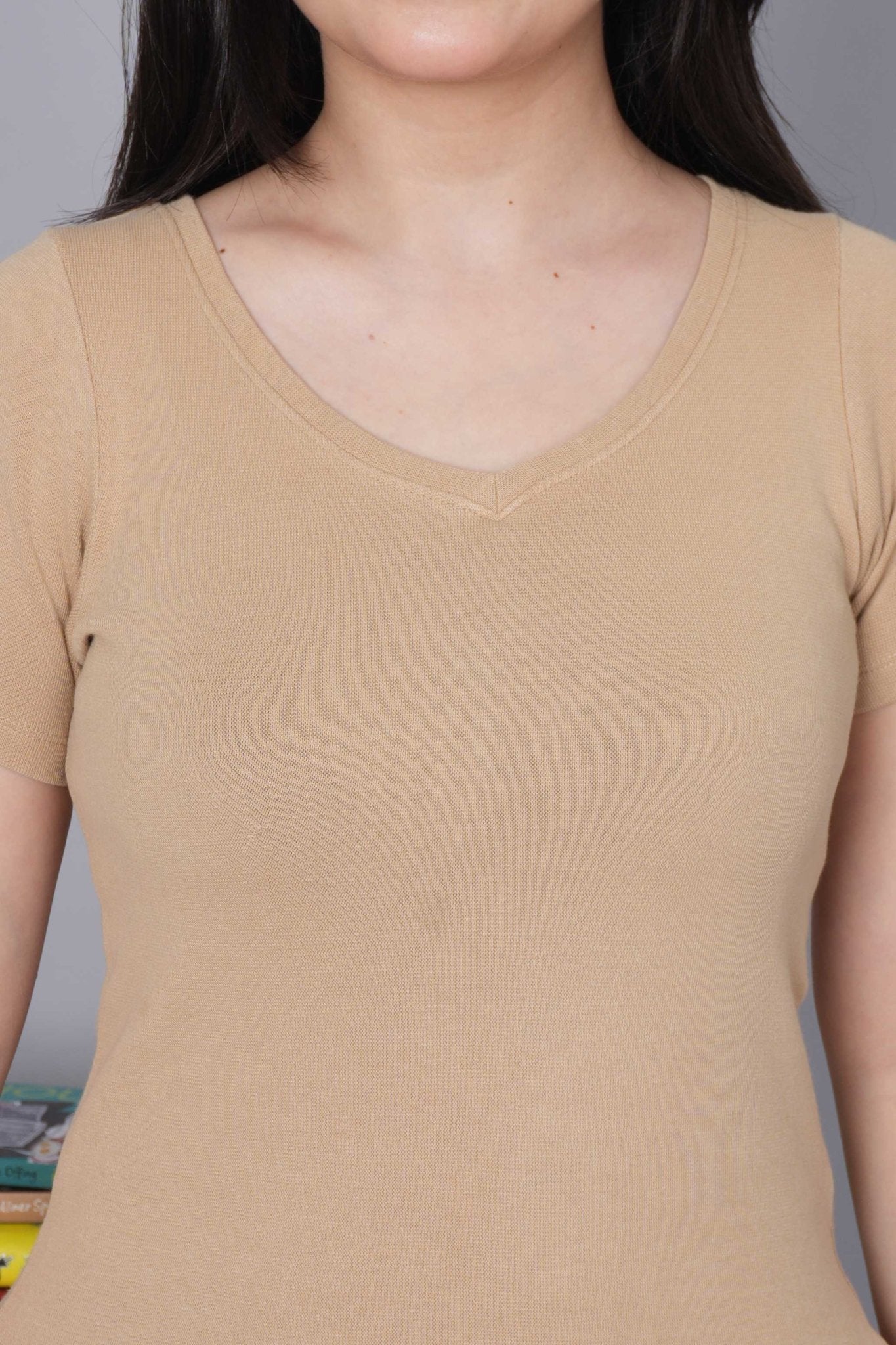 Beige Stretchable V Neck Rib T Shirt [ 100% USA HQ Cotton, 280 GSM non transparent fabric ] - Rib v neck t shirt