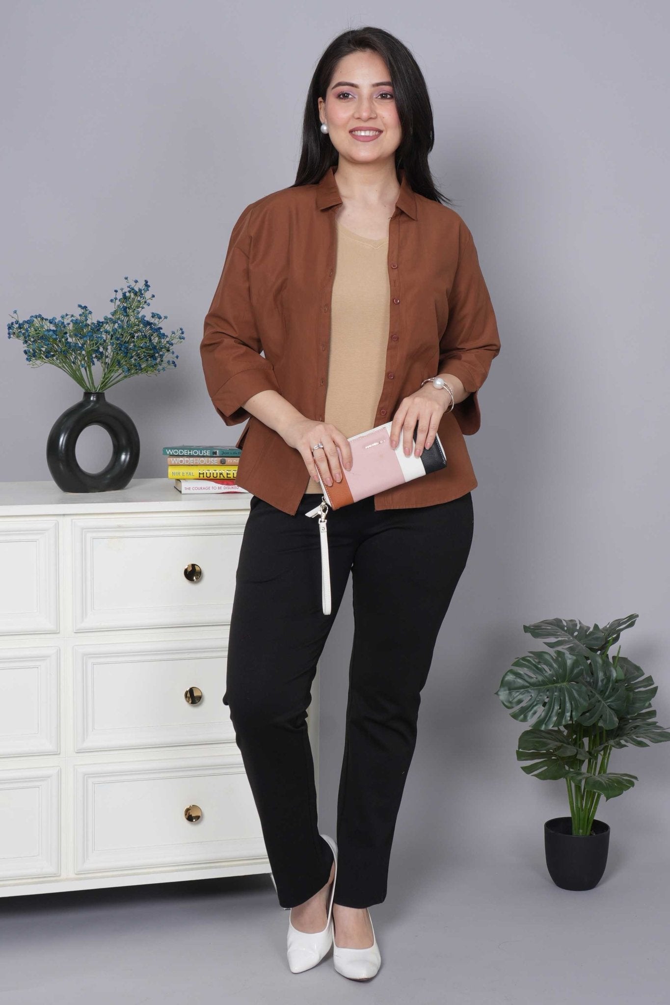 Beige Stretchable V Neck Rib T Shirt [ 100% USA HQ Cotton, 280 GSM non transparent fabric ] - Rib v neck t shirt