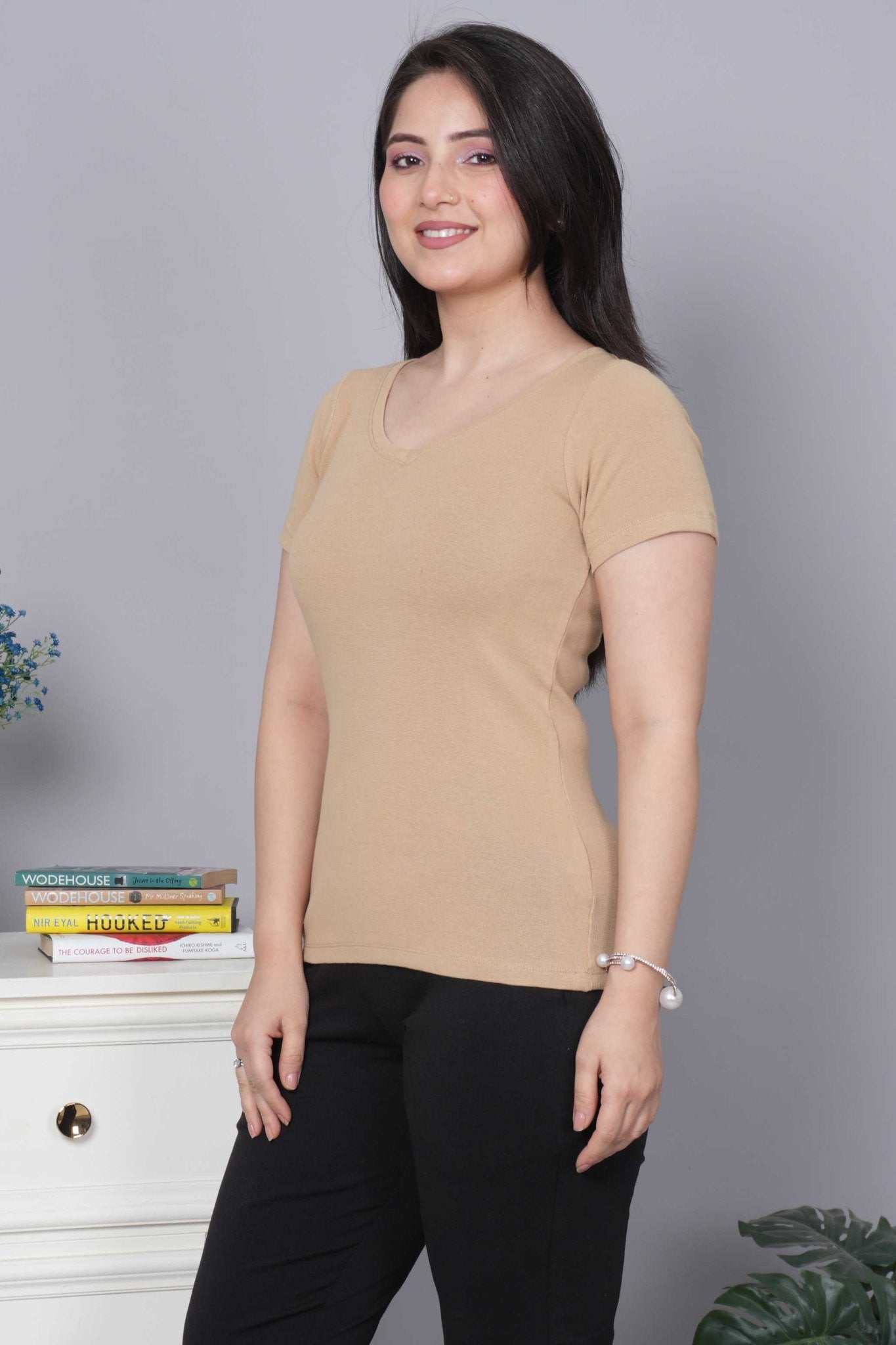 Beige Stretchable V Neck Rib T Shirt [ 100% USA HQ Cotton, 280 GSM non transparent fabric ] - Rib v neck t shirt