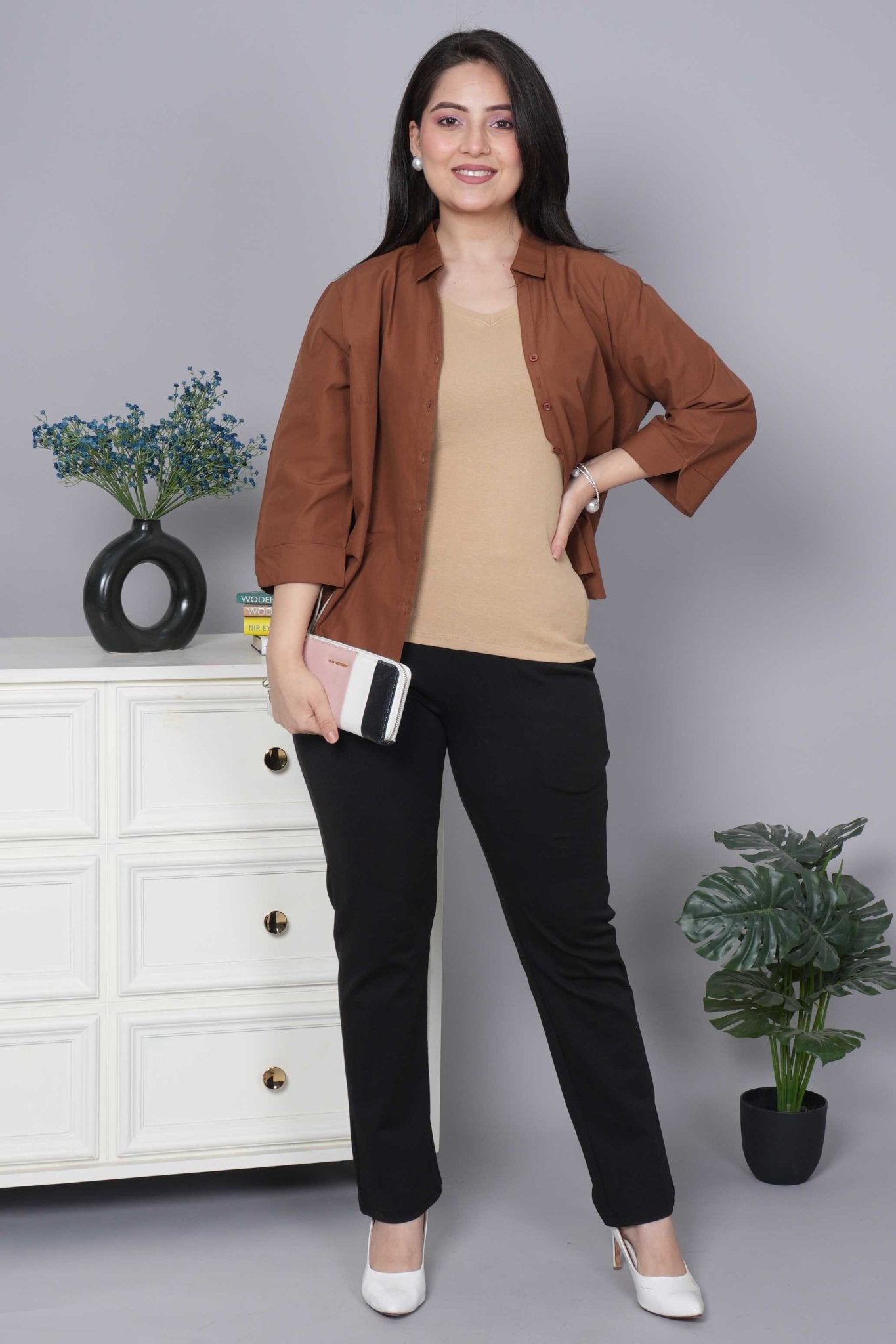 Beige Stretchable V Neck Rib T Shirt [ 100% USA HQ Cotton, 280 GSM non transparent fabric ] - Rib v neck t shirt