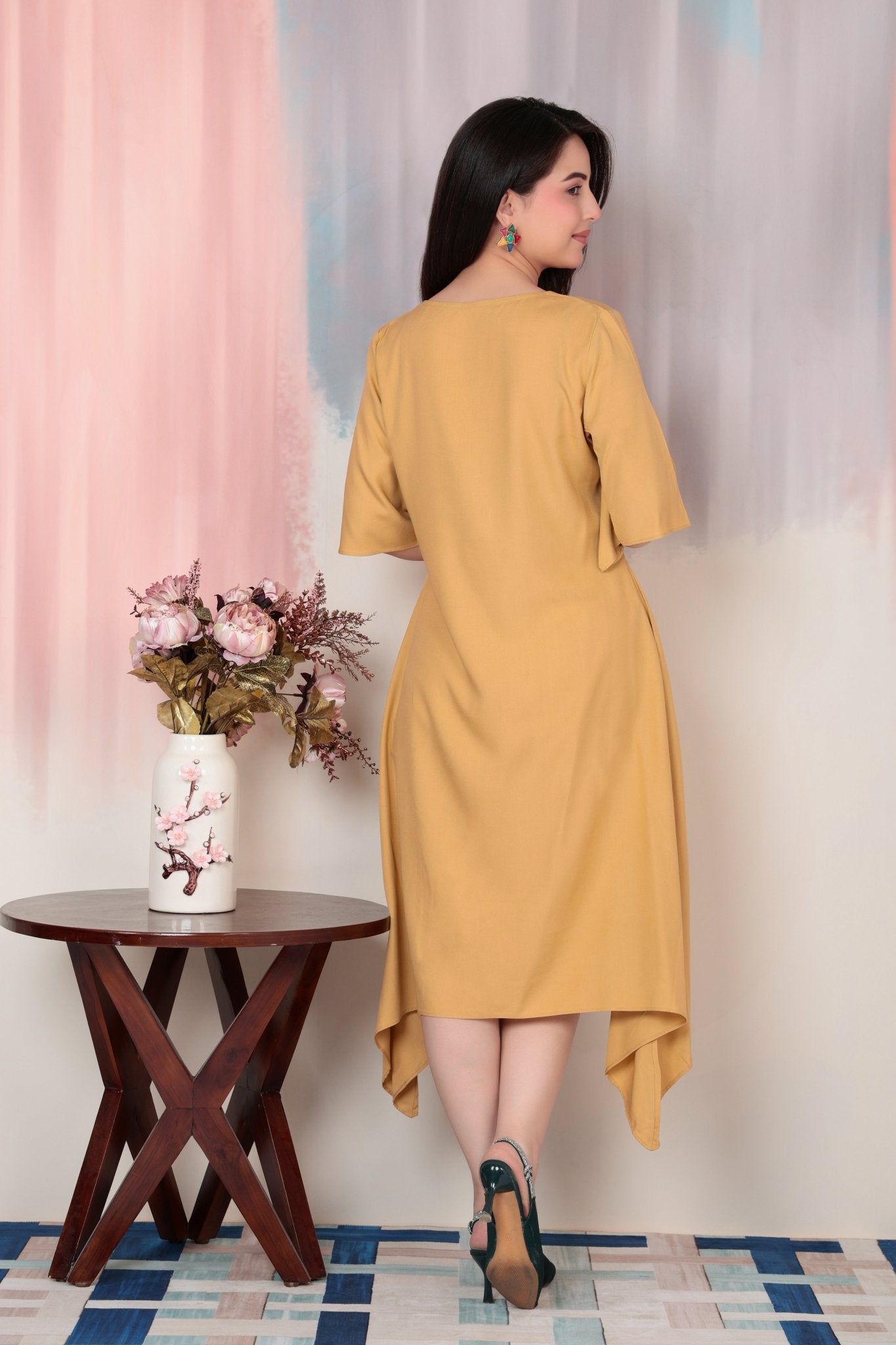 Beige v-neck line dress with sleeves [ Premium 100% Rayon, Liva Certified ] -Rayon flare dress with pocket