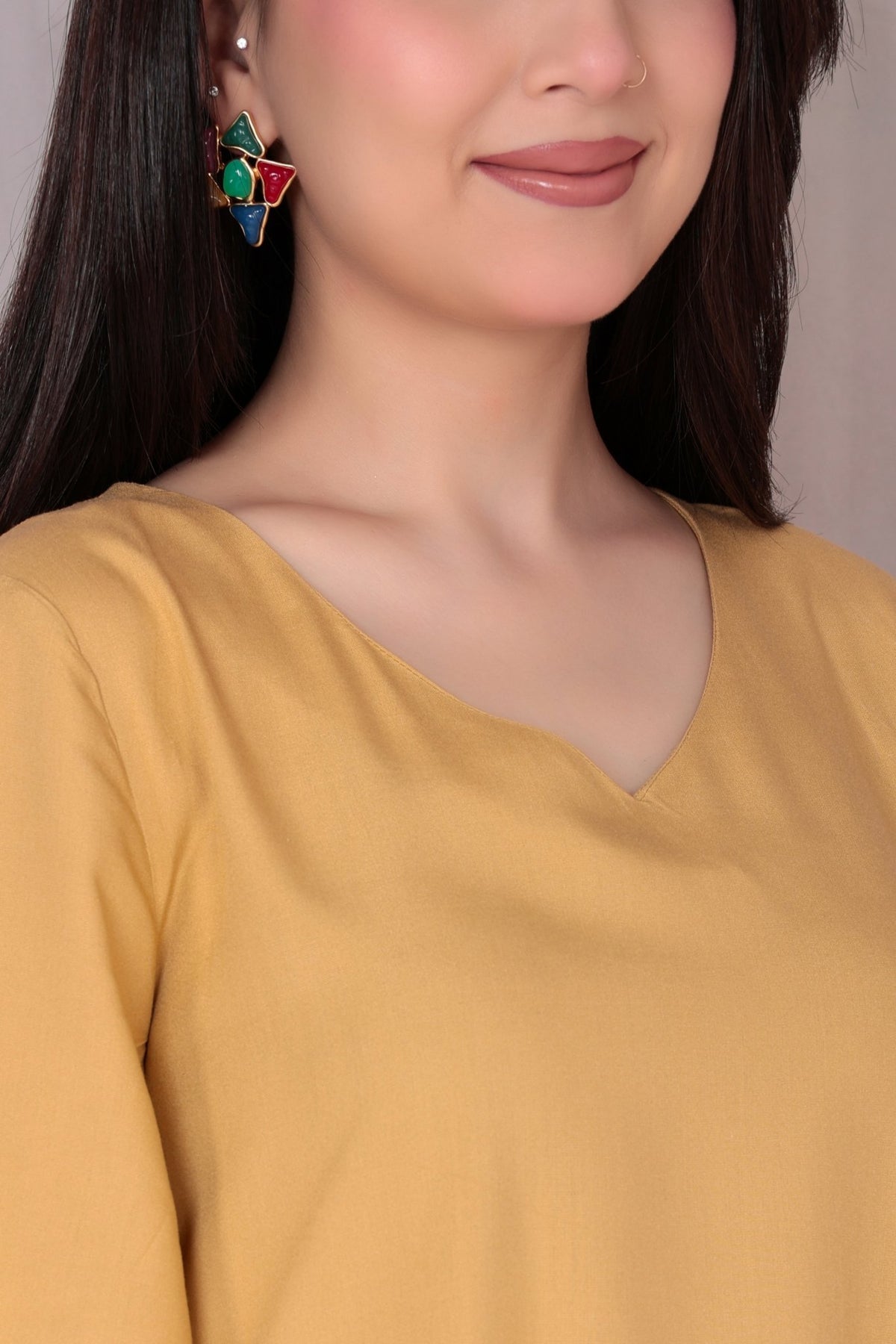 Beige v-neck line dress with sleeves [ Premium 100% Rayon, Liva Certified ] -Rayon flare dress with pocket