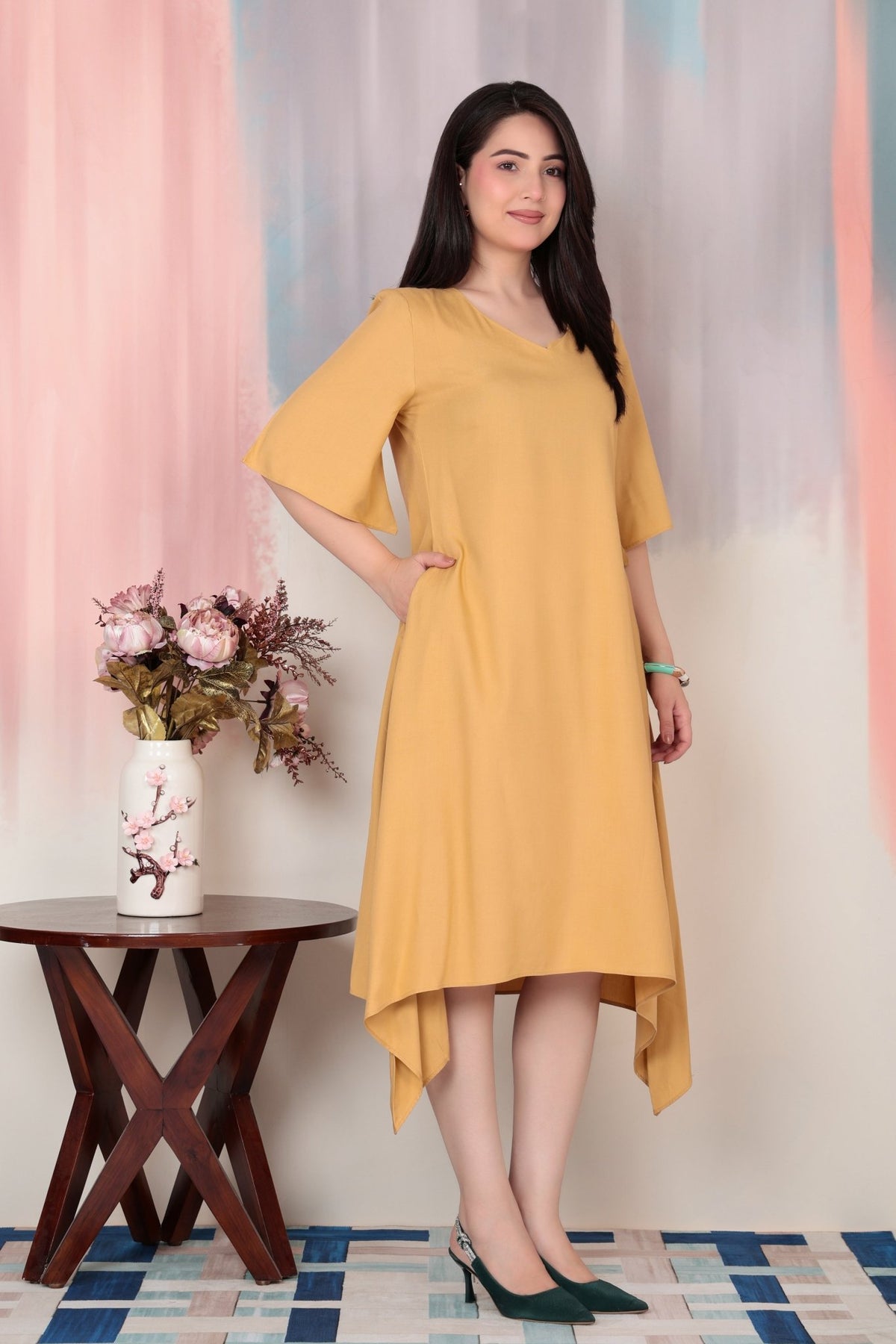 Beige v-neck line dress with sleeves [ Premium 100% Rayon, Liva Certified ] -Rayon flare dress with pocket