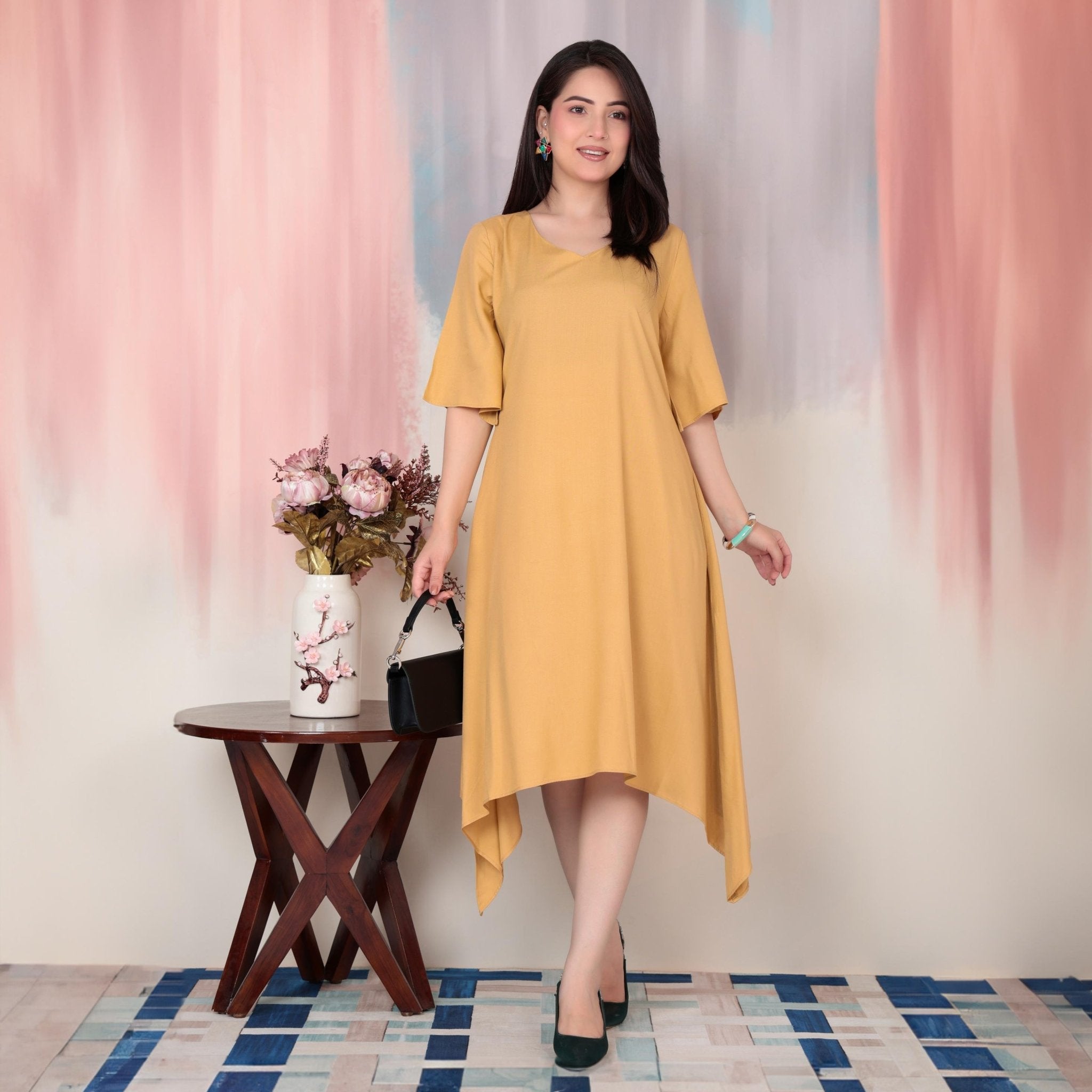 Beige v-neck line dress with sleeves [ Premium 100% Rayon, Liva Certified ] -Rayon flare dress with pocket