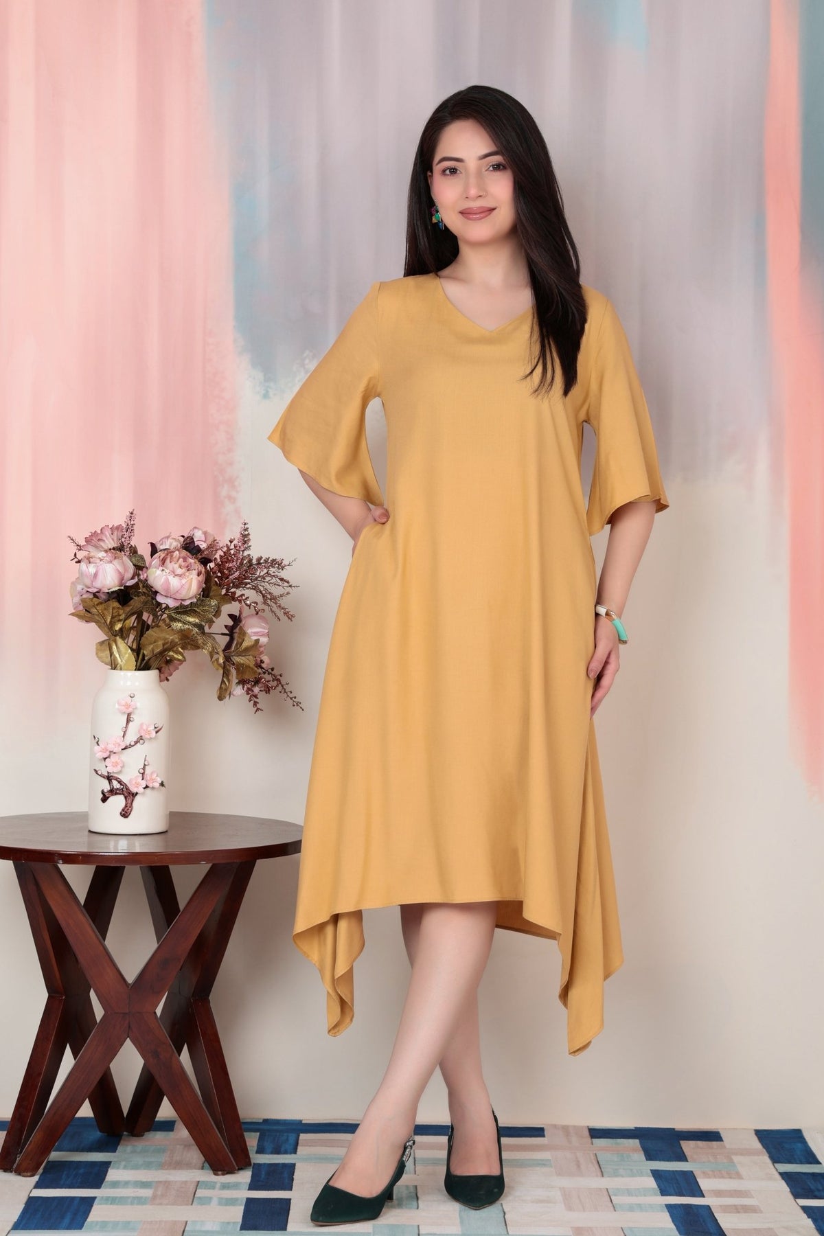 Beige v-neck line dress with sleeves [ Premium 100% Rayon, Liva Certified ] -Rayon flare dress with pocket