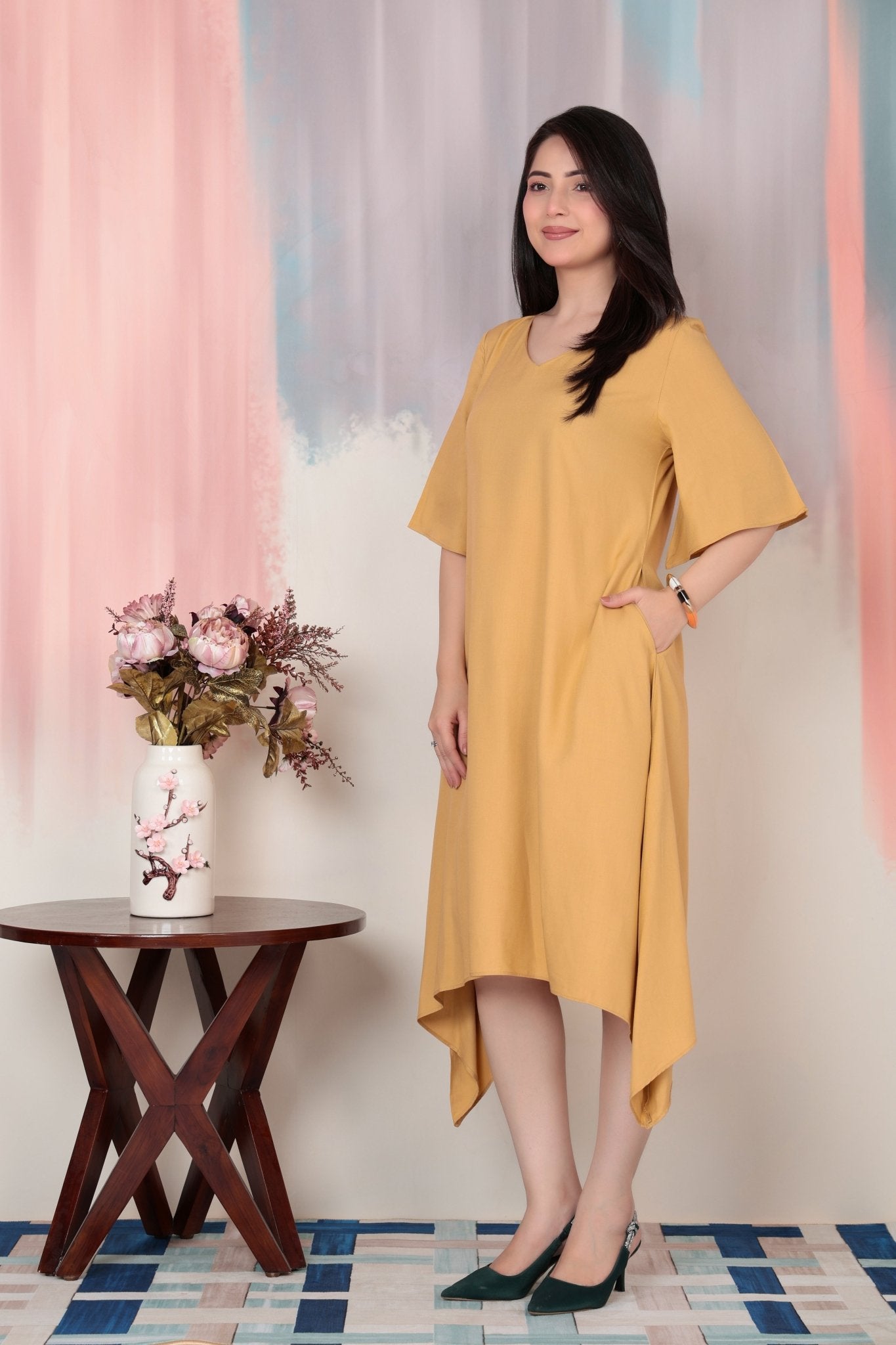 Beige v-neck line dress with sleeves [ Premium 100% Rayon, Liva Certified ] -Rayon flare dress with pocket