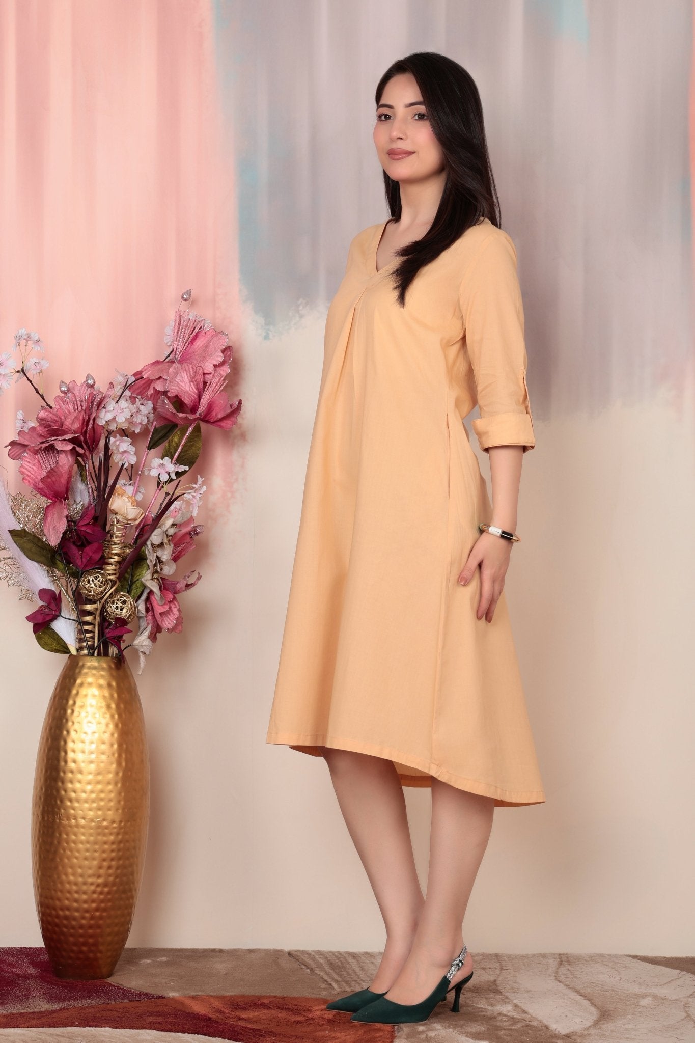 Beige v-neck pleated dress with sleeves [100% pure cotton] -Cotton midi dress