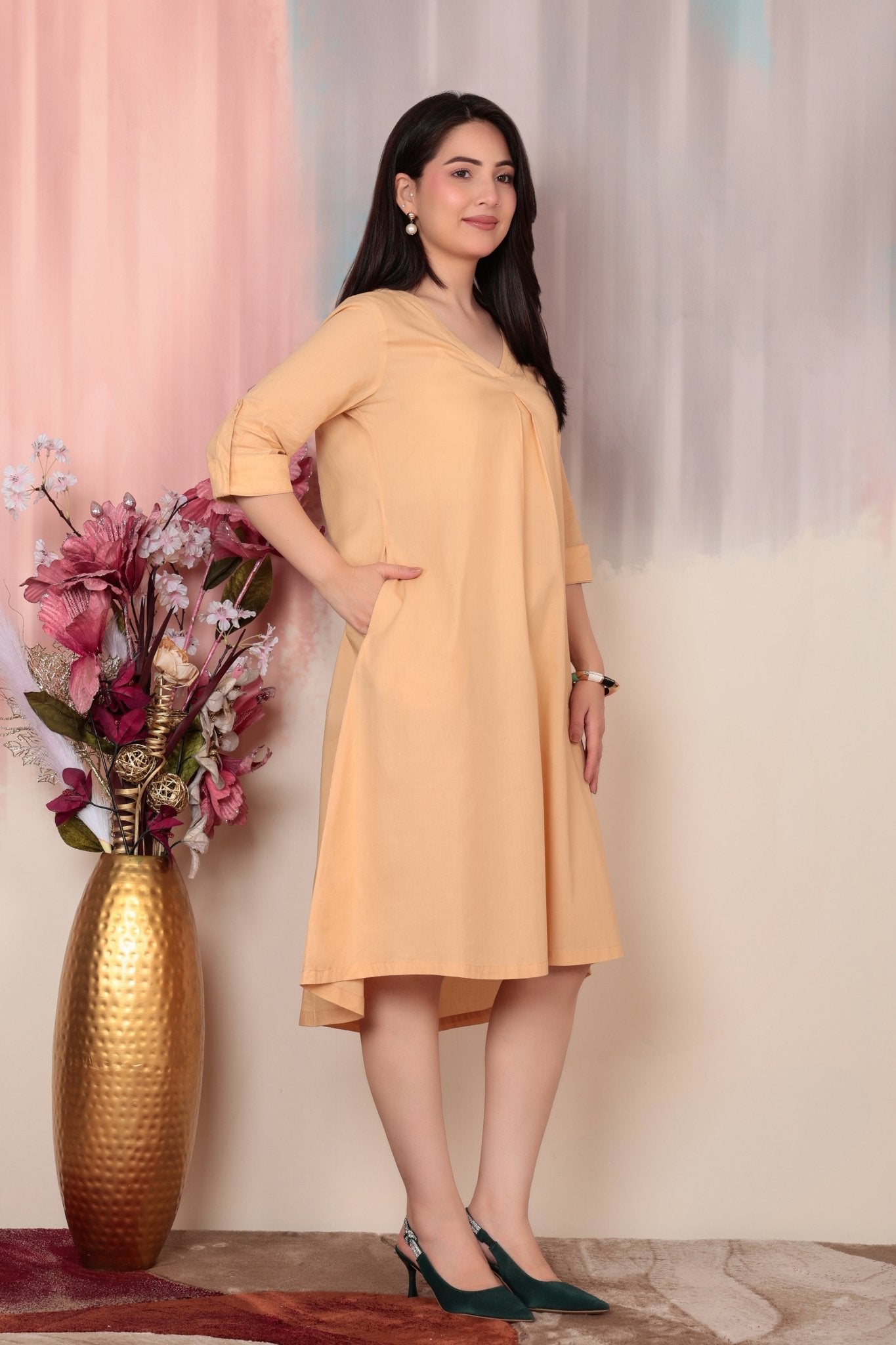 Beige v-neck pleated dress with sleeves [100% pure cotton] -Cotton midi dress