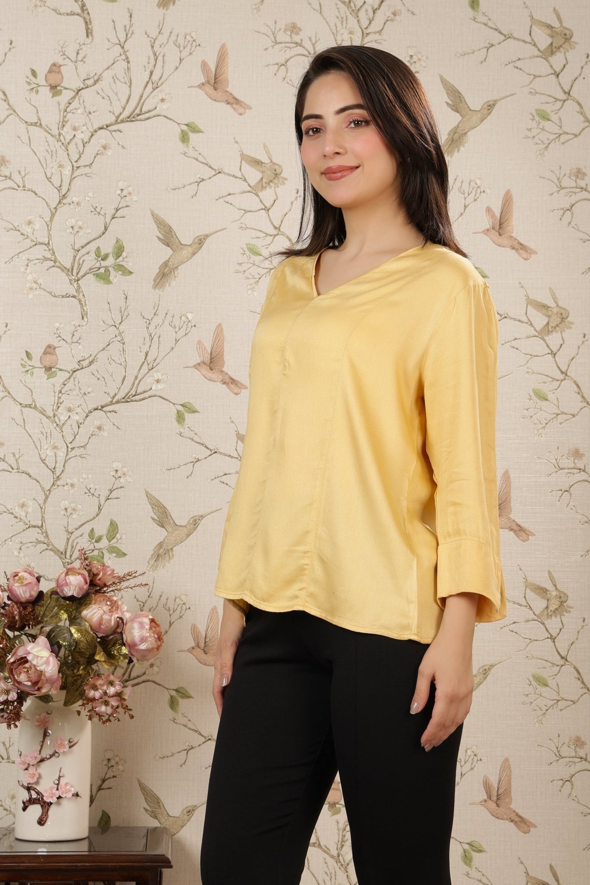 Beige v-neck satin top -satin shirt