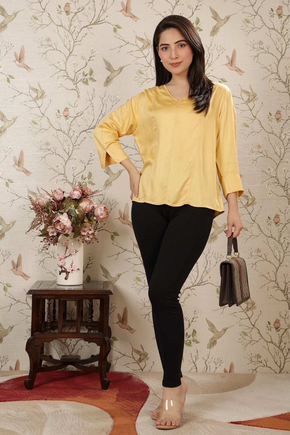 Beige v-neck satin top -satin shirt