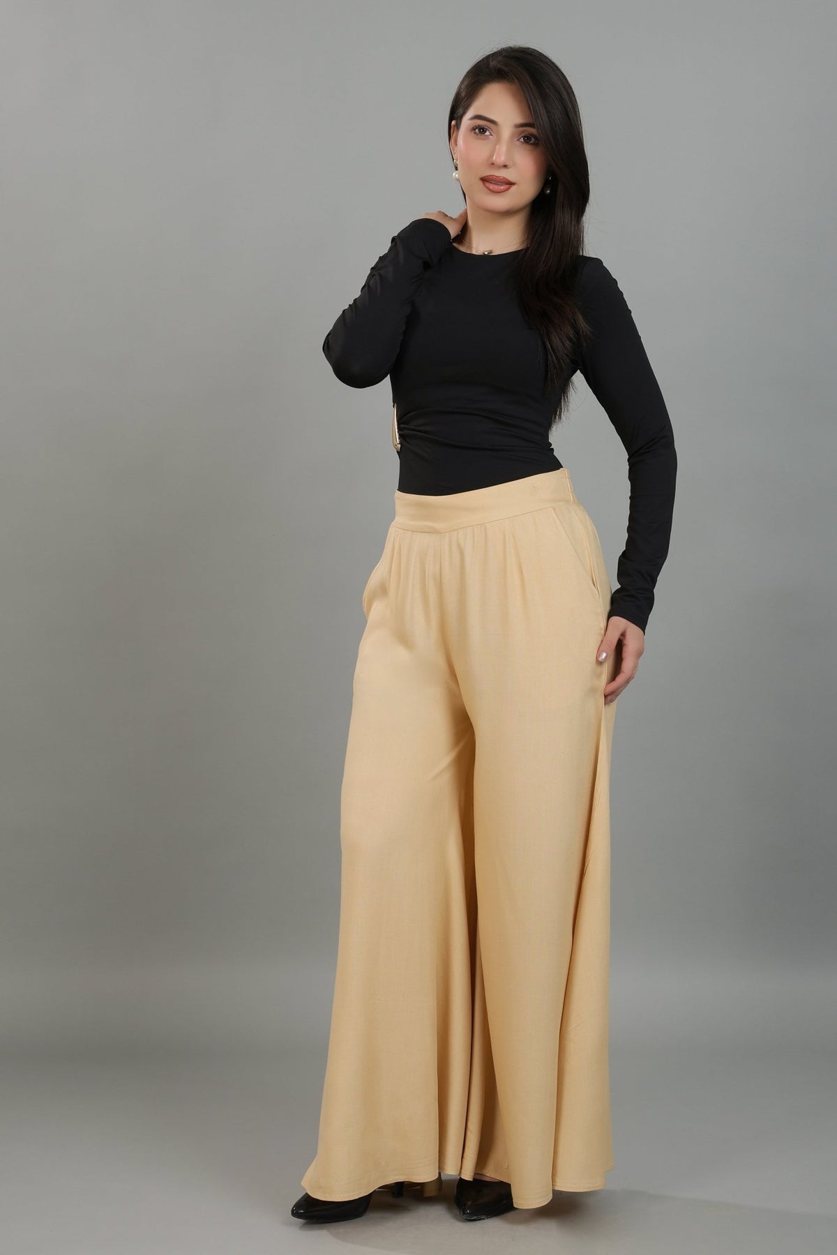 Beige wide flow pant [ 100% Rayon, Liva Certified ] -Wide flow pant