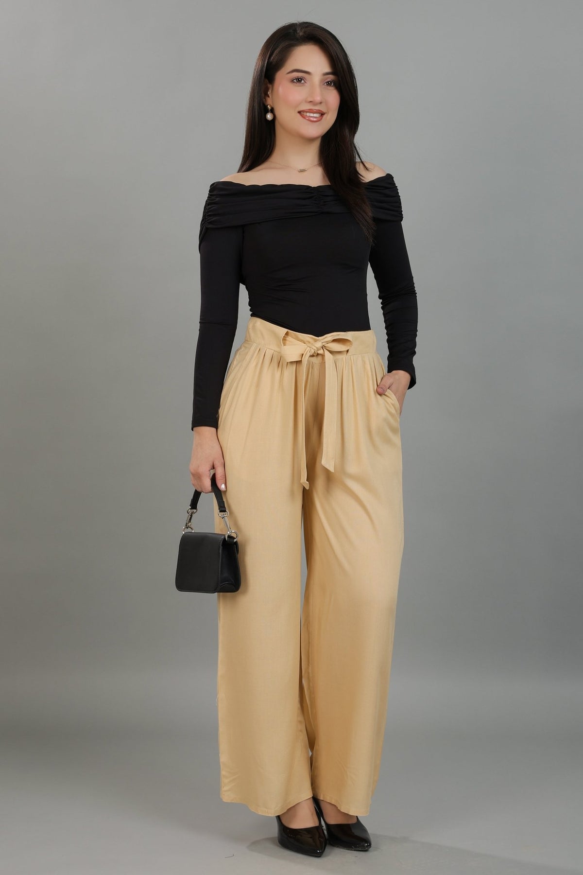 Beige wide leg pant [ 100% Rayon, Liva Certified ] -Wide leg pant
