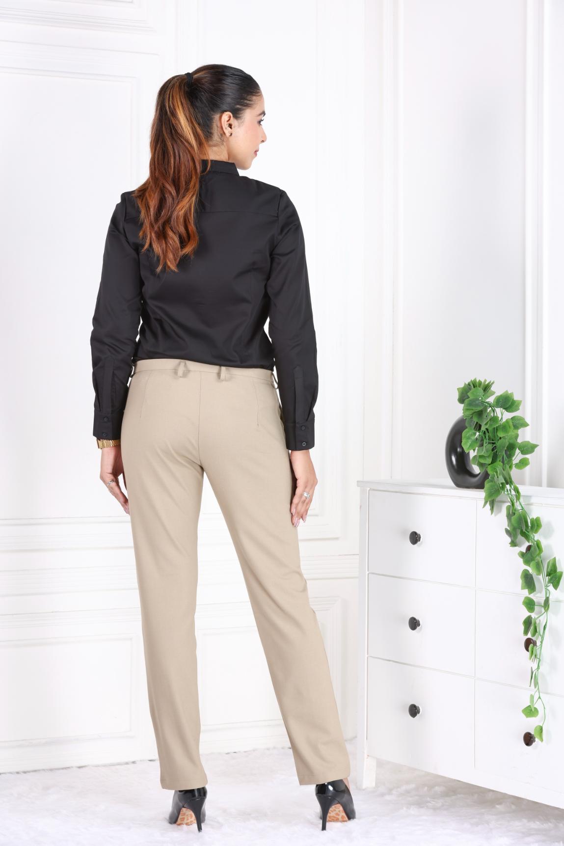 Beige woven formal pants with spandex [Straight fit] - Woven formal pants