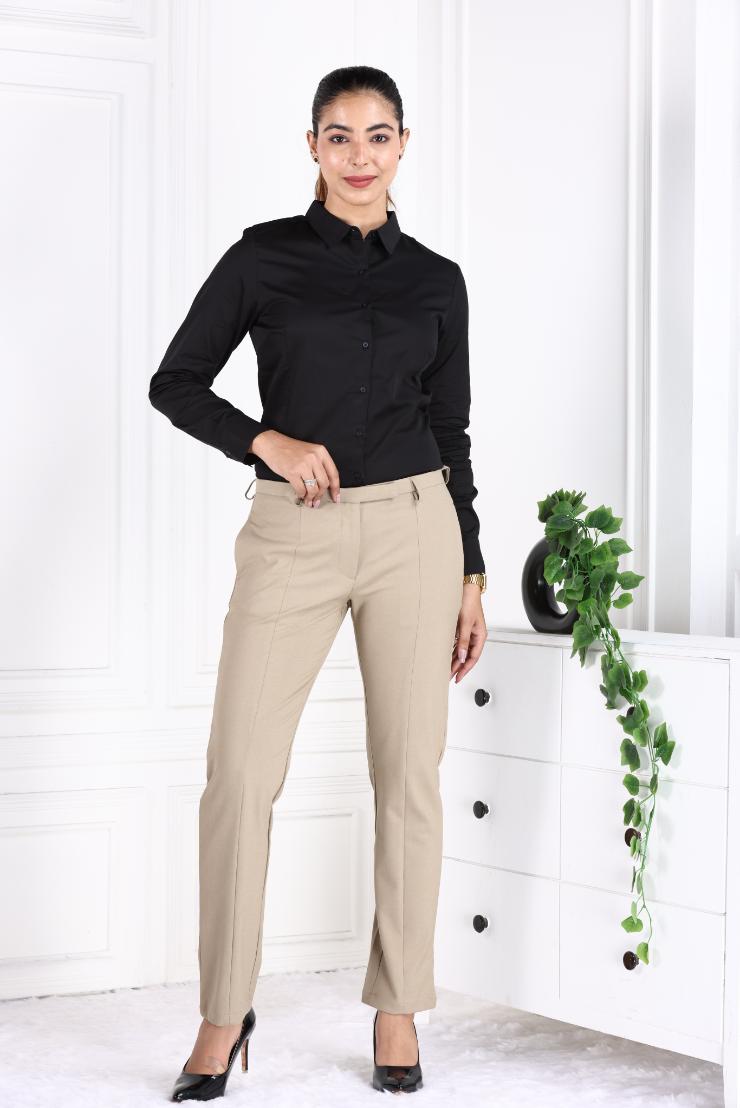 Beige woven formal pants with spandex [Straight fit] - Woven formal pants