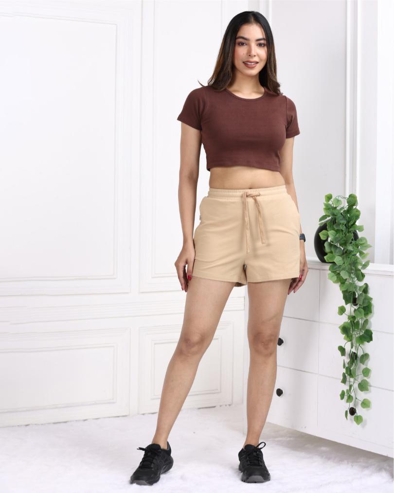 Beige zip pocket cotton short USA HQ regular cotton short with superior belt. - Zip pocket cotton short