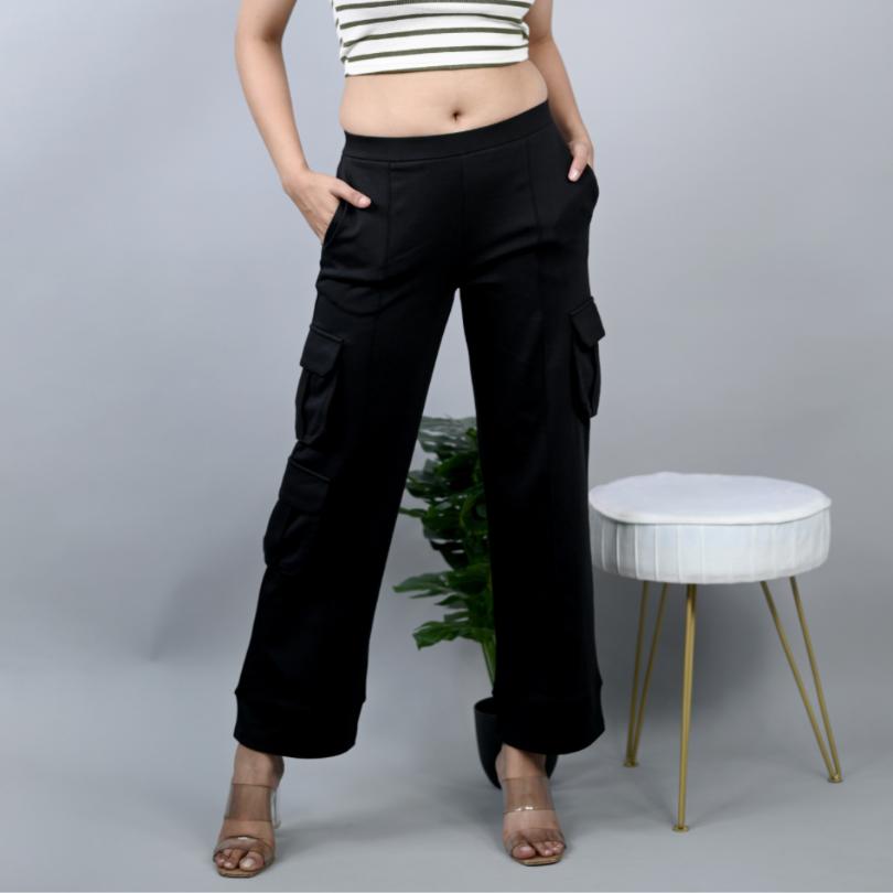 Black cargo pant with stretchable biowash USA HQ cotton & superior elastic belt. - Milano Cargo Pants